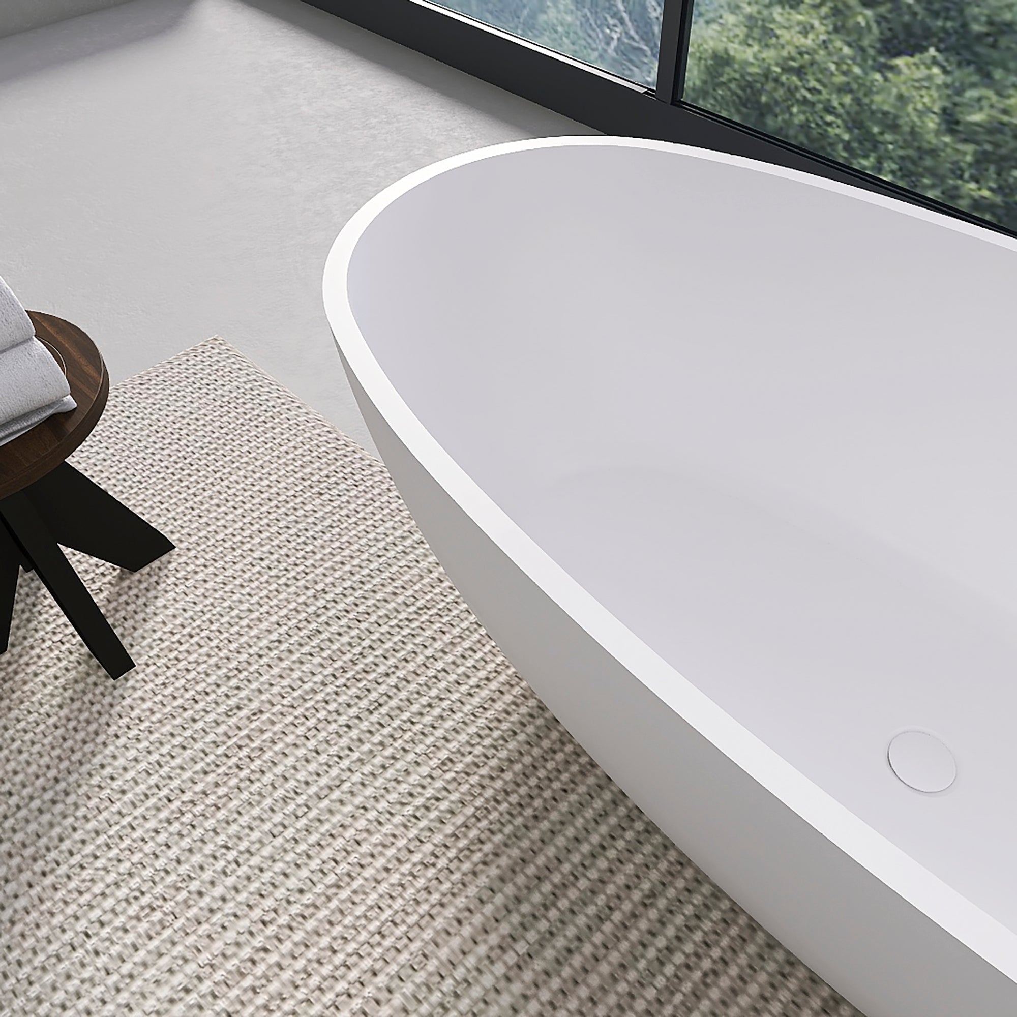 Freestanding soaking bathtub 65.2 inch solid surface drain and overflow detail
