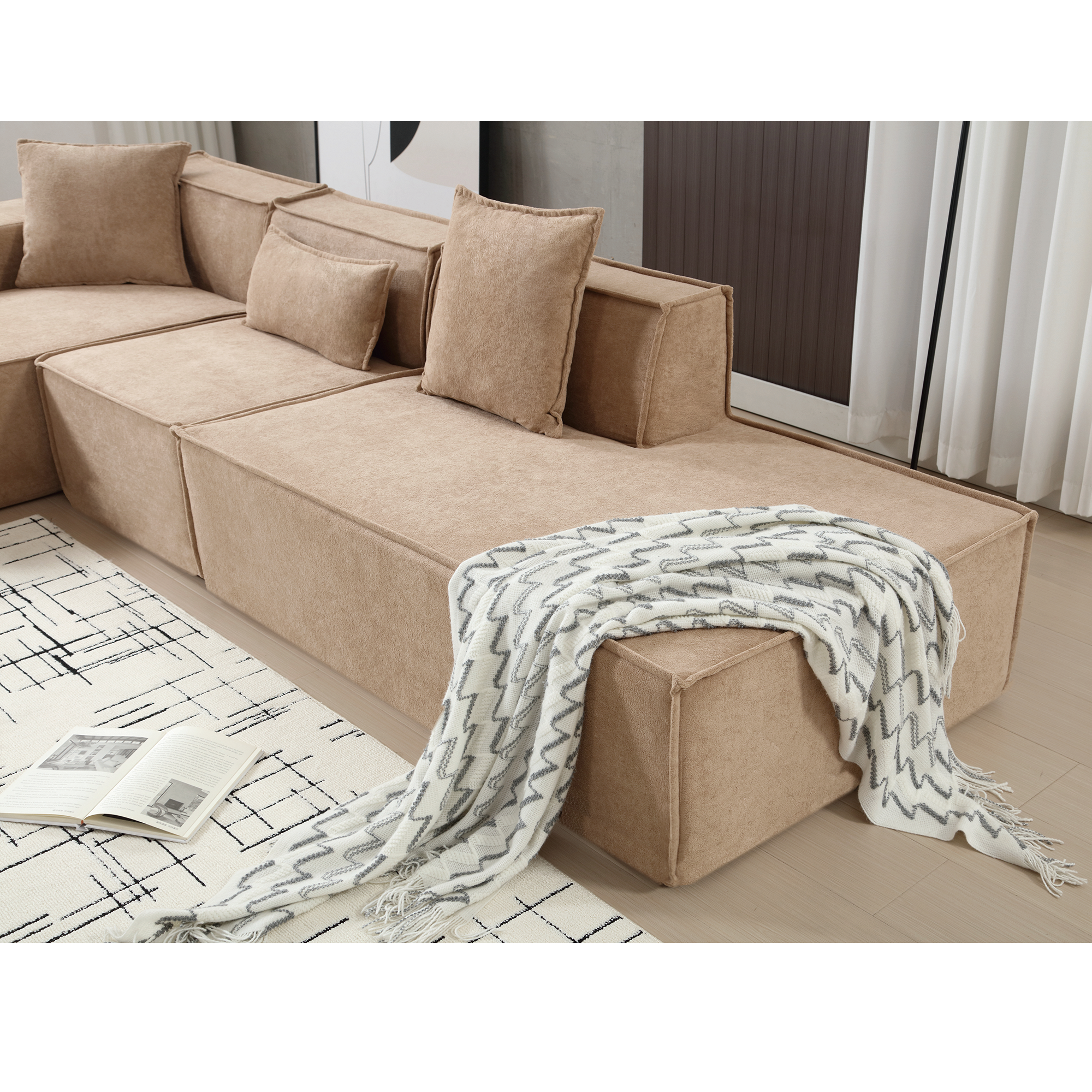 [VIDEO PROVIDED] Modular combination living room sofa set, modern minimalist sofa, free installation sofa, L-shaped, Italian minimalist tofu block sofa, Left-Hand Facing,Terrycloth fabric, Light Brown