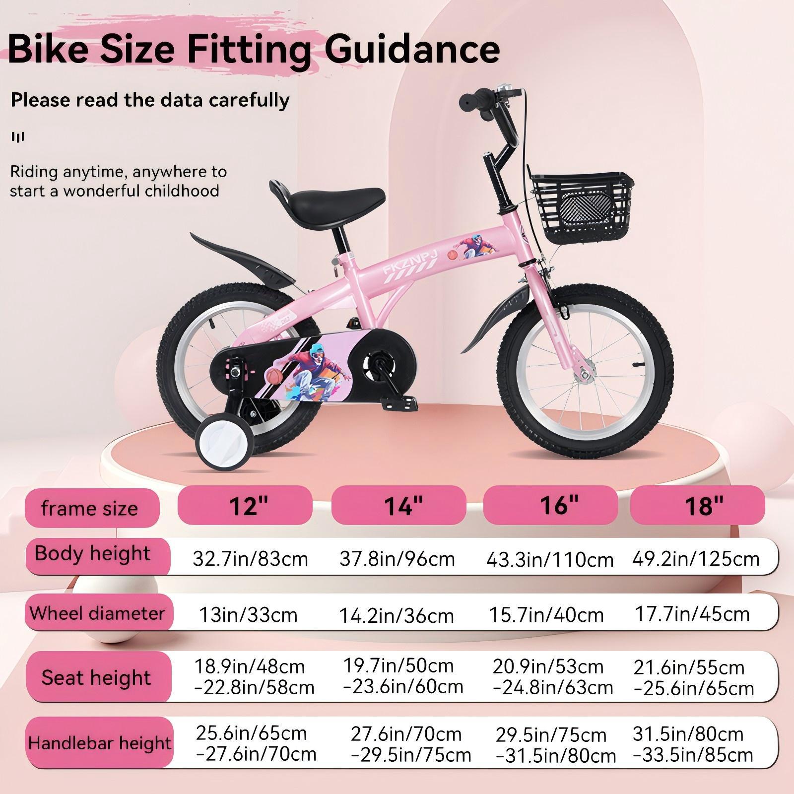 FKZNPJ 16 inch sporty kids bike with training wheels and stand Adjustable saddle Suitable for boys and girls aged 4-8 years tall Height 41-46 inches Available in a variety of colors