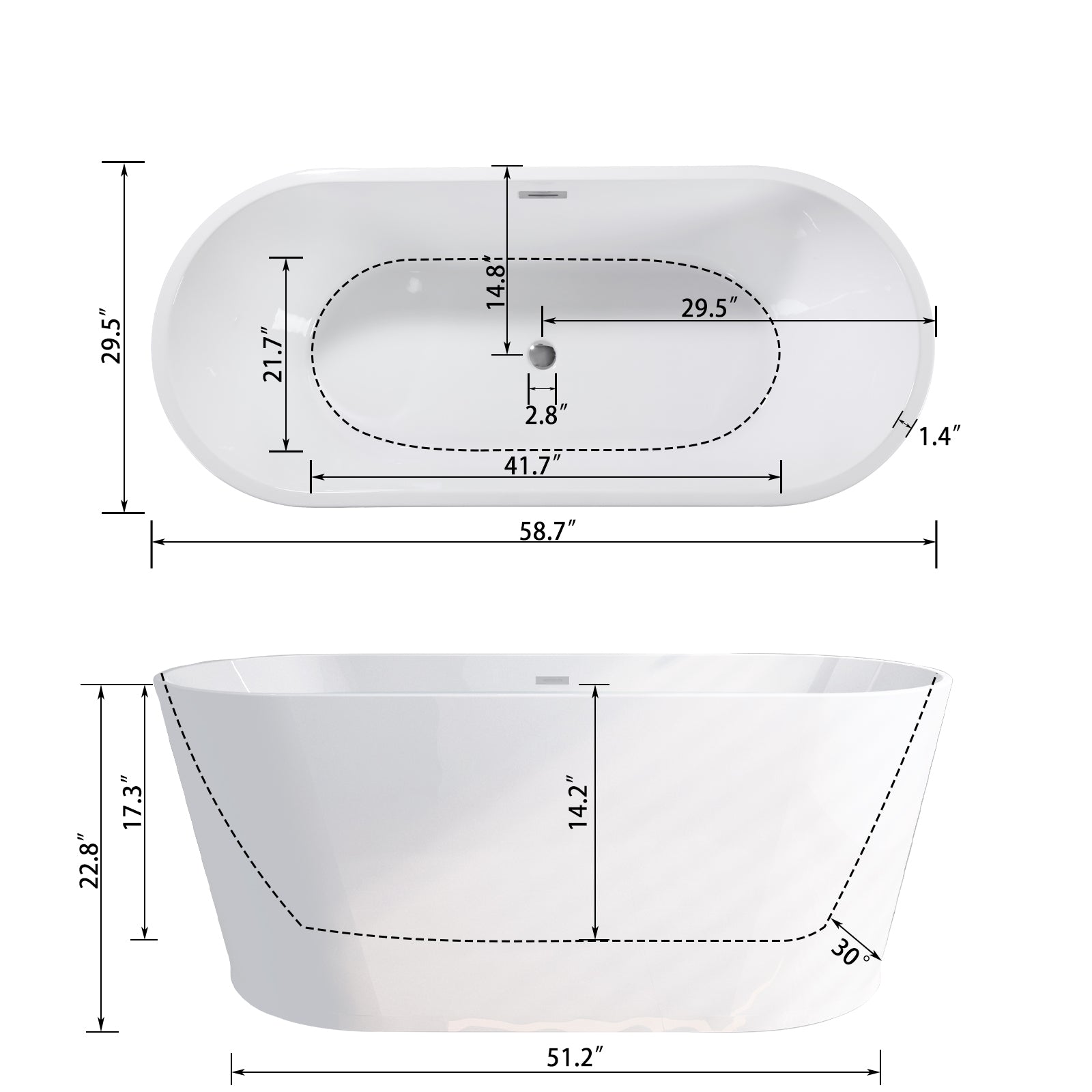 59" Acrylic Freestanding Bathtub-Acrylic Soaking Tubs, White Bathtub, Oval Shape Black Freestanding Bathtub With Chrome Overflow and Pop Up Drain