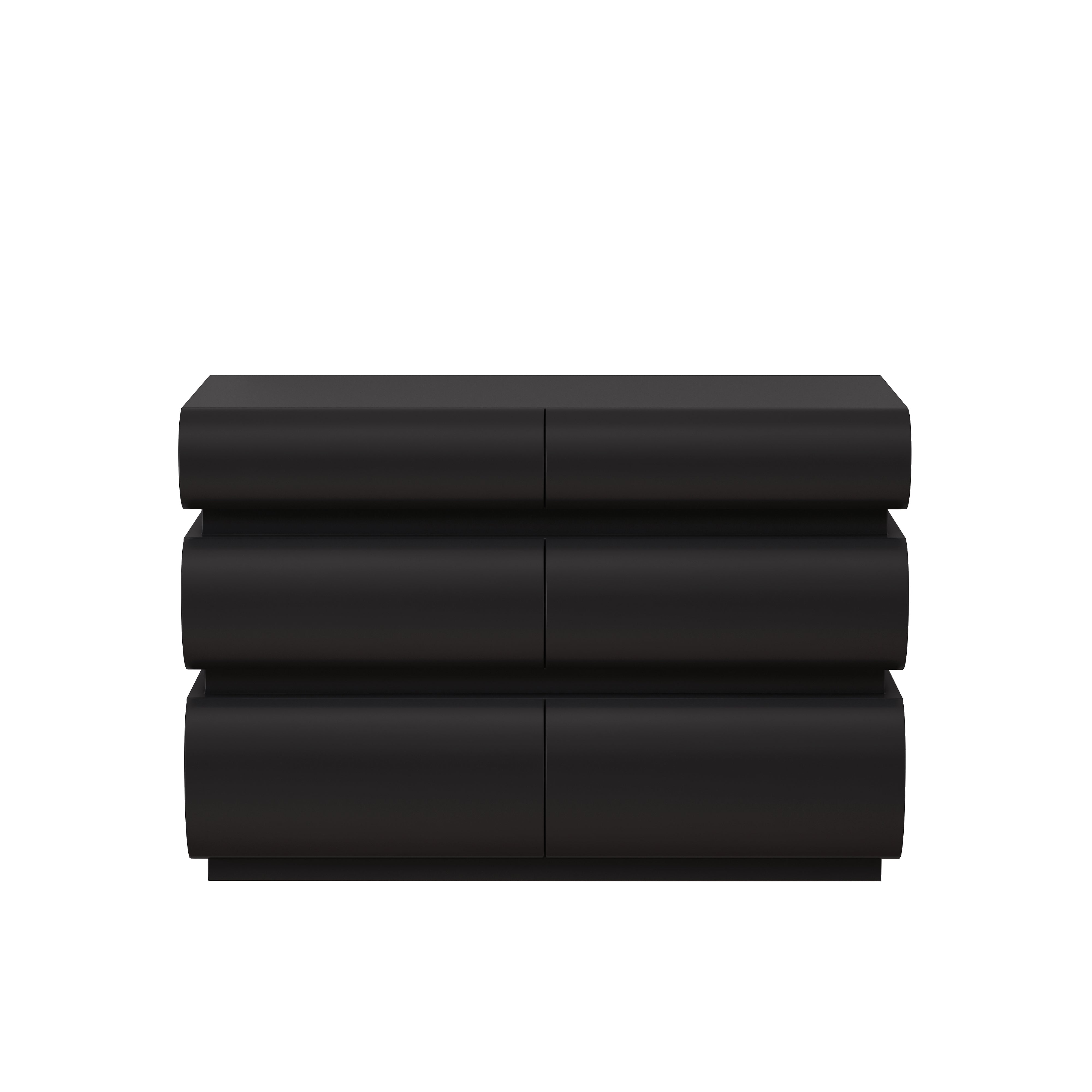 Black modern 6-drawer dresser, handle-free front detail view