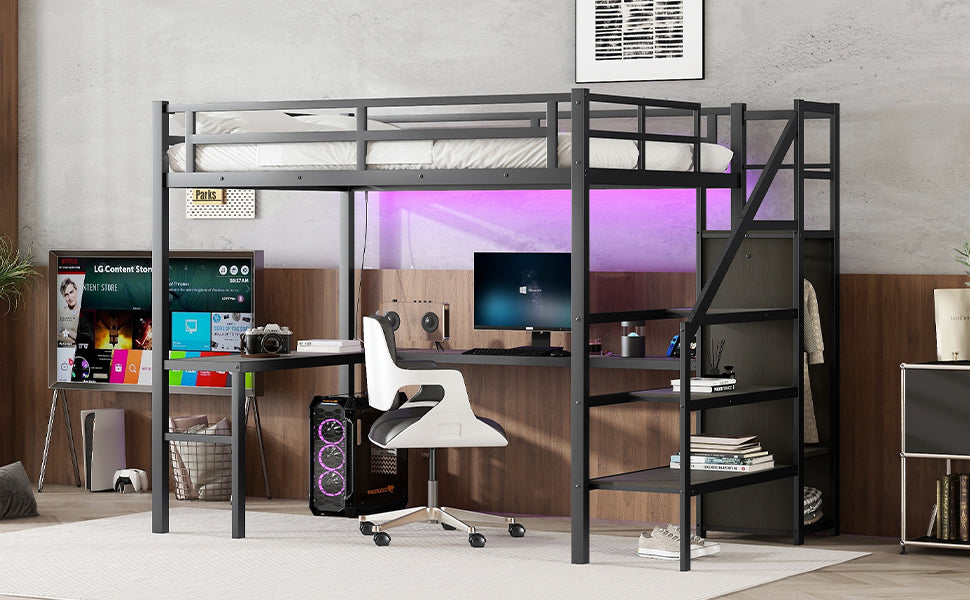 Full XL Size Loft Bed with L-shaped Desk and USB, Metal Loft Bed with Wardrobe and Adjustable Shelf, High Loft Bed with LED for Kids Teens Adults, Black(Expect Arrive 2024/10/10)