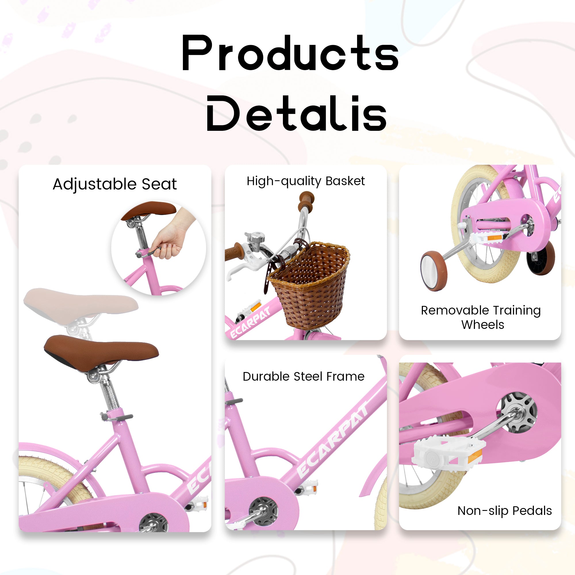 A12116 Ecarpat Kids'Bike Girls Bike 12 Inch Wheels,1-Speed Child Bicycles For 2-3 Years,With Removable Training Wheels Baby Toys,Front V Brake,Rear Holding Brake