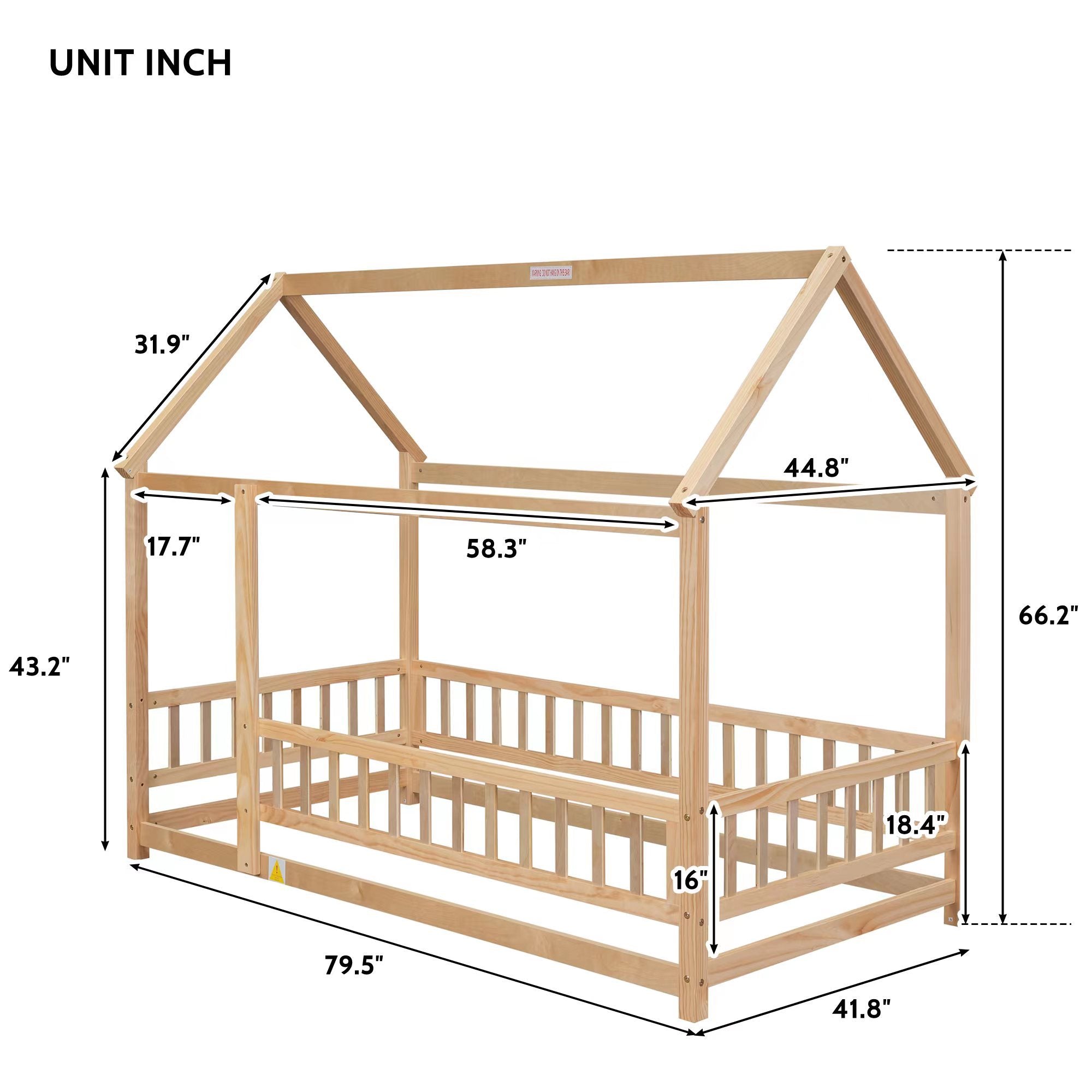 Twin Size Floor Wooden Bed with House Roof Frame, Fence Guardrails,(Old SKU:W504105240)