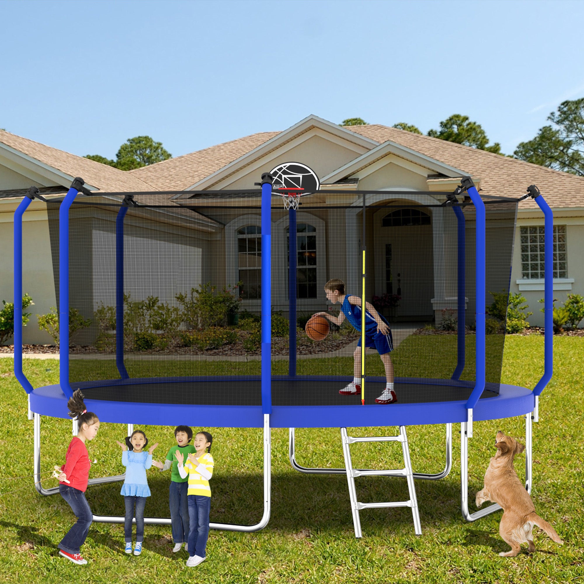 14FT Trampoline with Basketball Hoop, ASTM Approved Reinforced Type Outdoor Trampoline with Enclosure Net