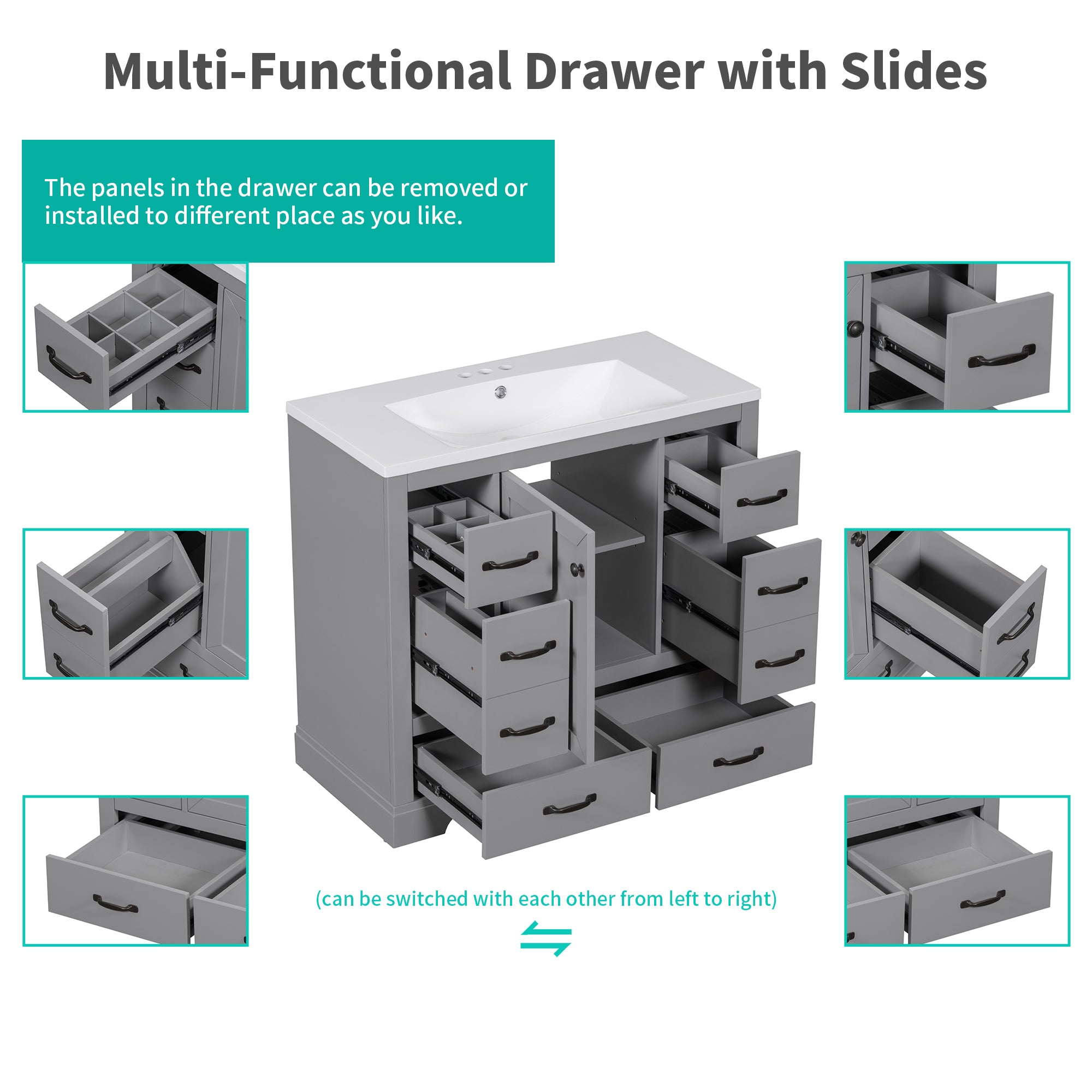 36" Bathroom Vanity without Sink, Cabinet Base Only, Six Drawers, Multi-Functional Drawer Divider, Adjustable Shelf, Grey