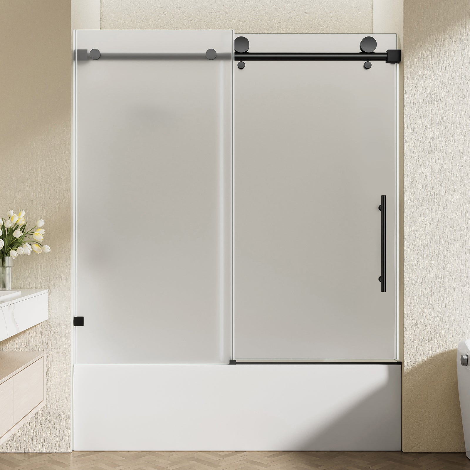 56-60 x 60 in Frosted Frameless Single Sliding Tub Door - 56-60 x 60 in / Frosted Glass / Matte Black view 2