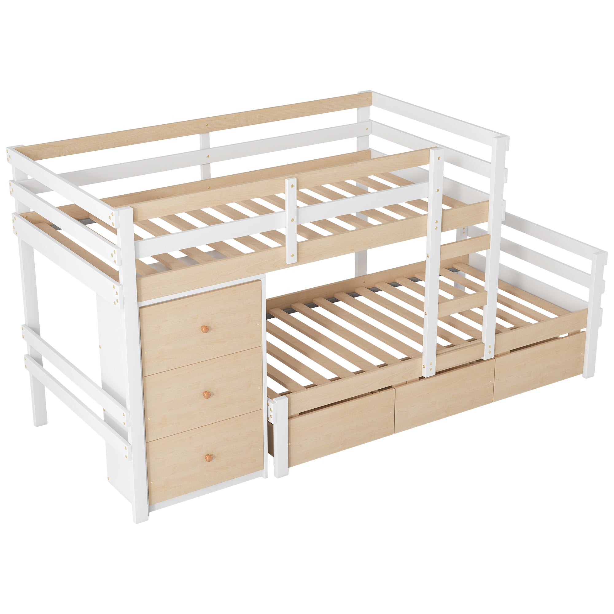 Twin over Twin Loft Bunk Bed with Drawers and Ladder, Natural