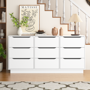 Modern white 9-drawer wood dresser, front view