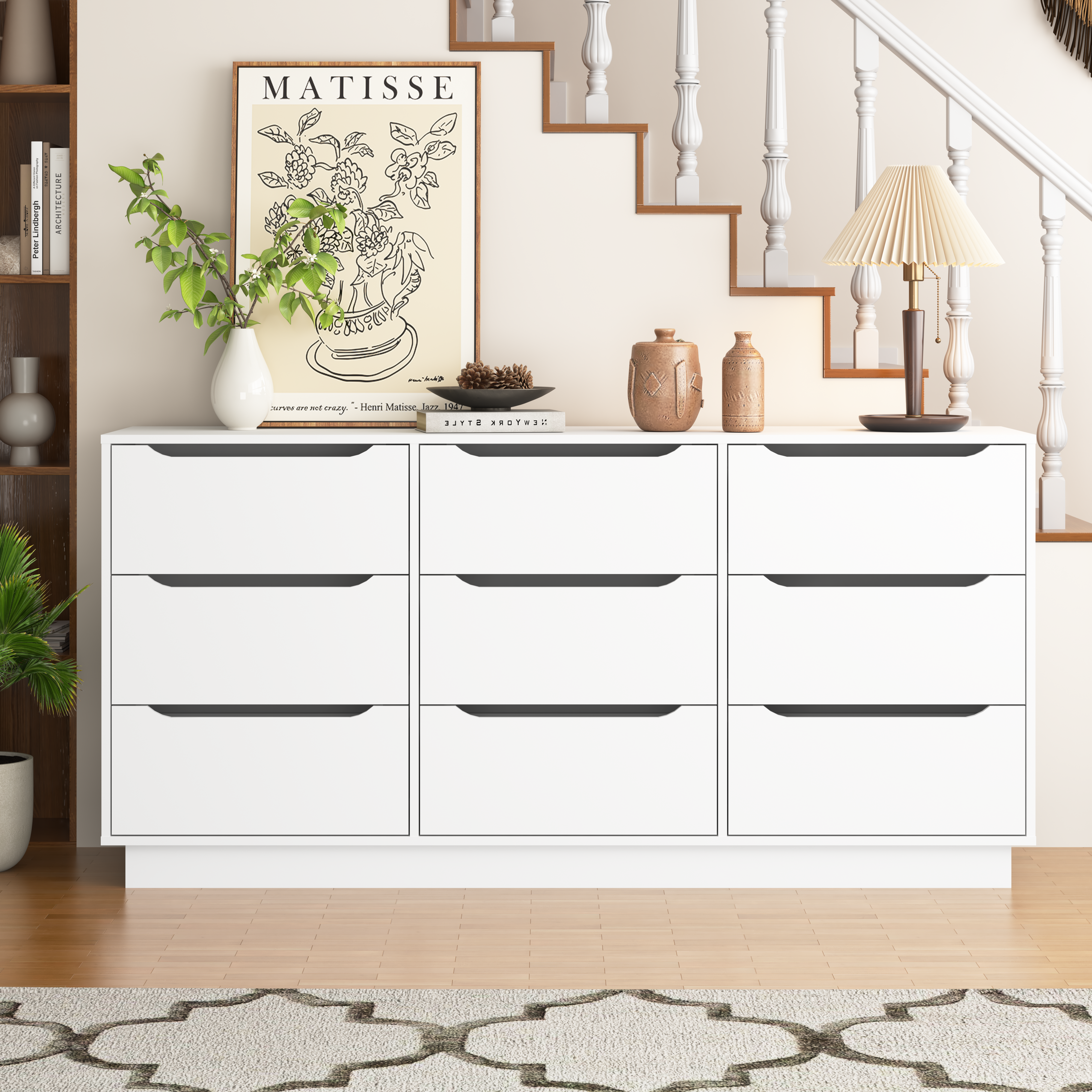 Modern white 9-drawer wood dresser, front view