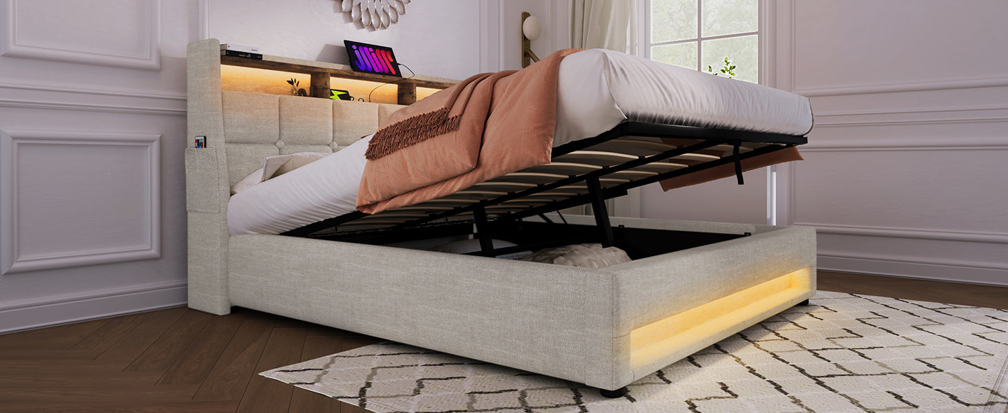 Queen size Upholstered Platform bed with a Hydraulic Storage System, LED and USB Charging, Natural (without mattress)