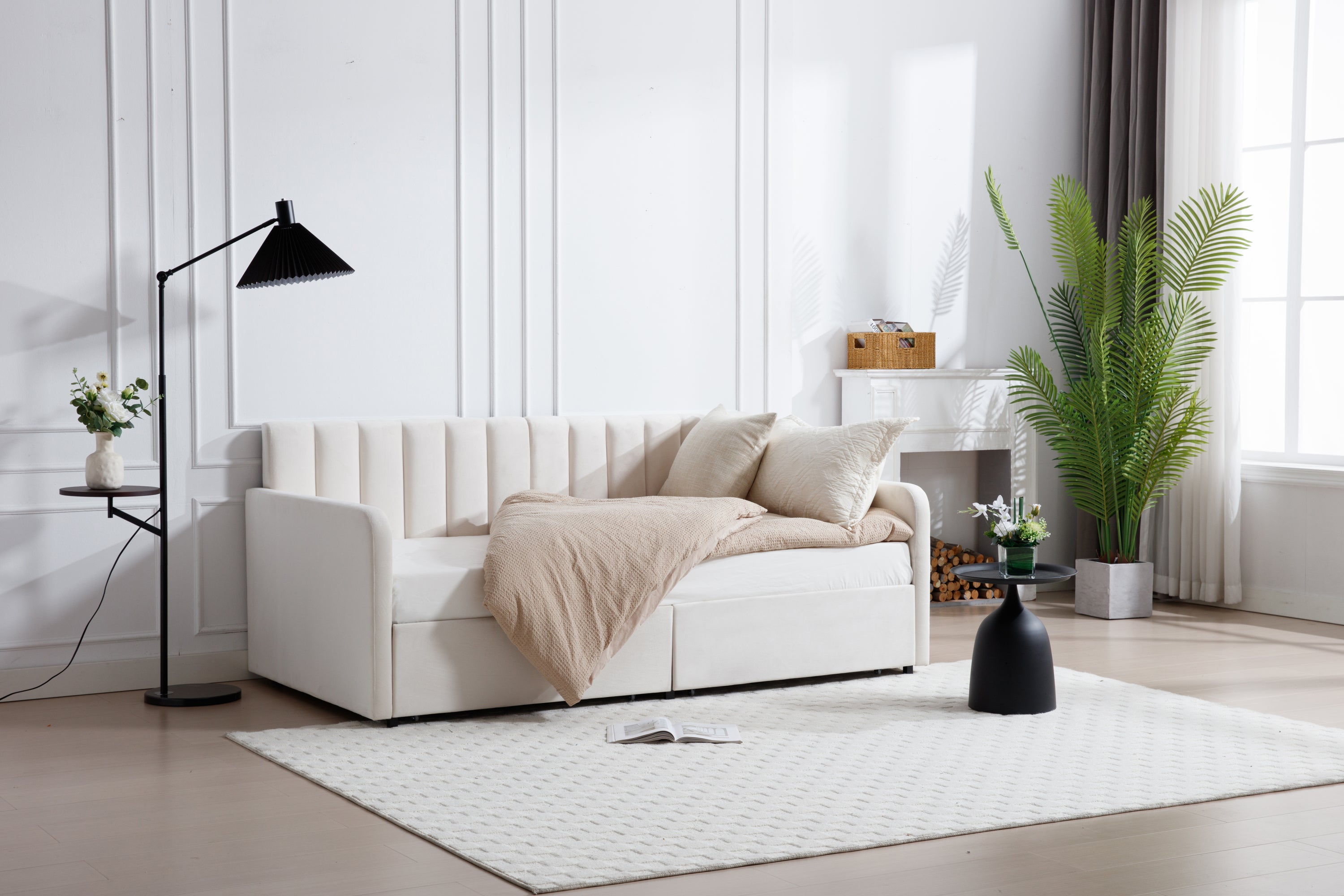 Flora Upholstered Daybed with 2 Drawers, Twin, Ivory Velvet, Ribbed Tufted Backrest, Daybed in Lavish Modern Design