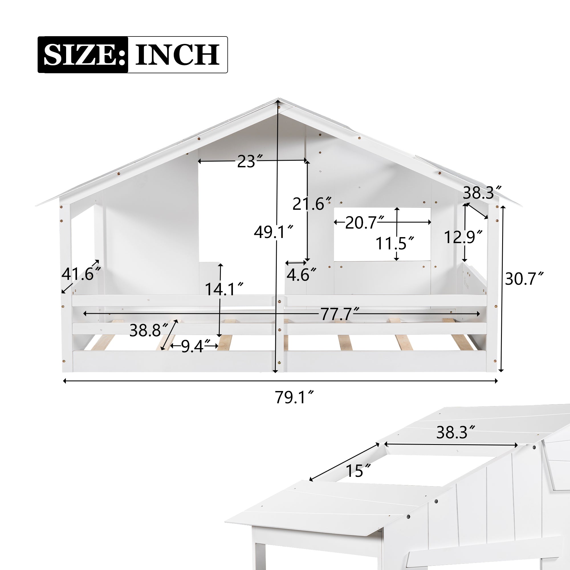 Wood Twin Size House Bed with Roof, Window and Guardrail, White