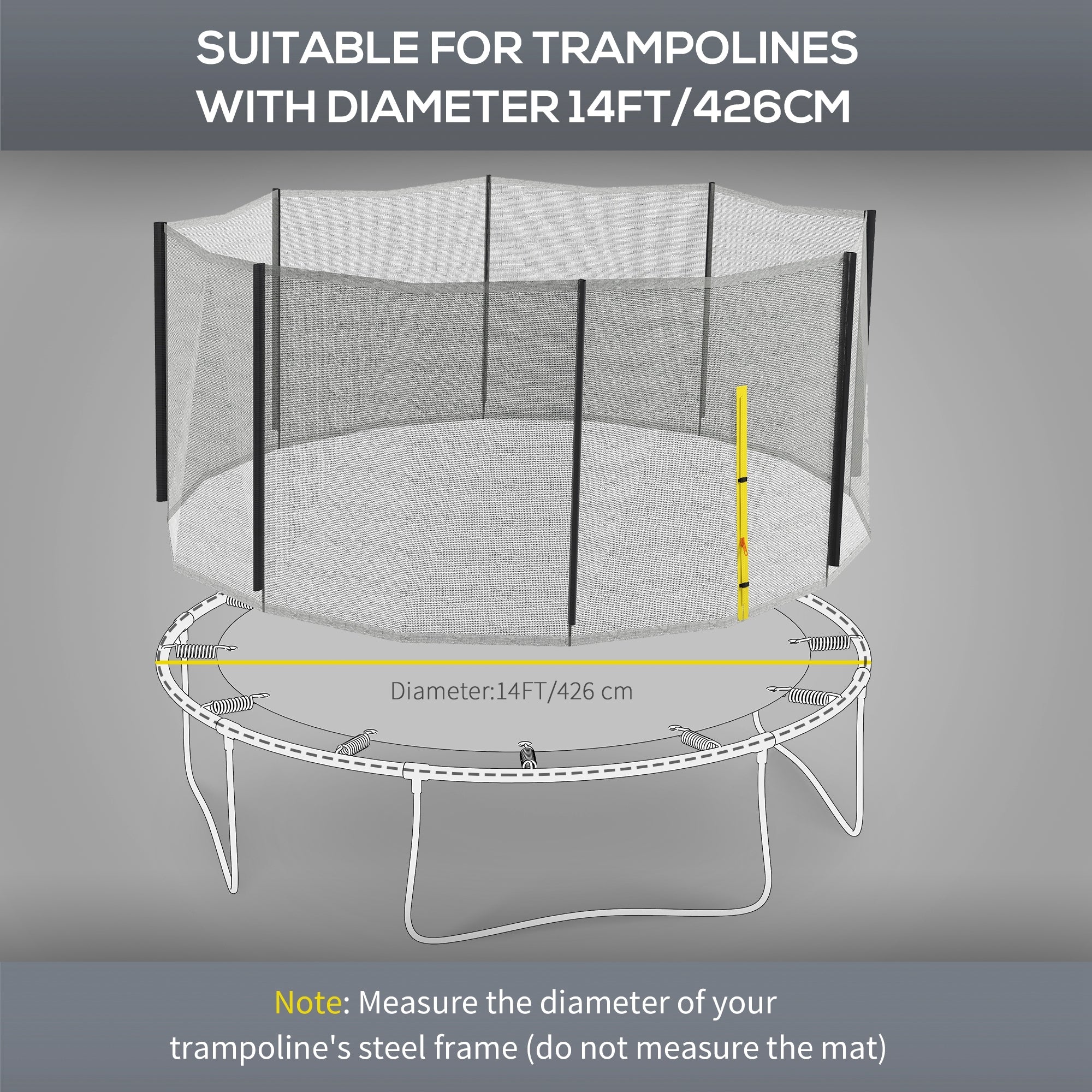 Soozier Trampoline Safety Net for 14ft Round Trampoline with 8 Straight Poles, Weather-Resistant Trampoline Net Replacement Enclosure with Yellow Zippered Entrance, Poles Not Included, Yellow