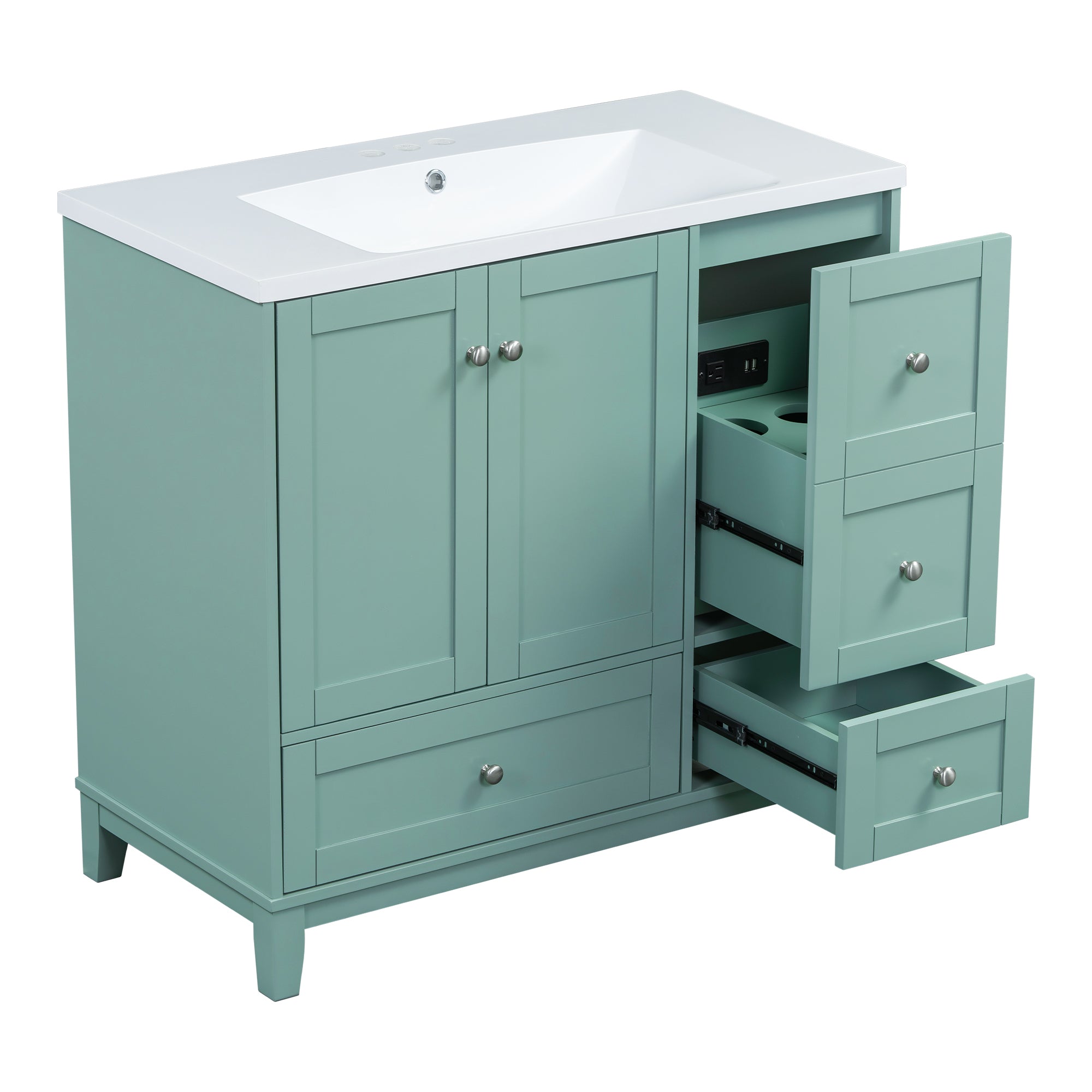 36 Inch Modern Bathroom Vanity with USB Charging, Two Doors and Three Drawers Bathroom Storage Vanity Cabinet, Small Bathroom Vanity cabinet with single sink , Green - Faucets Not Included