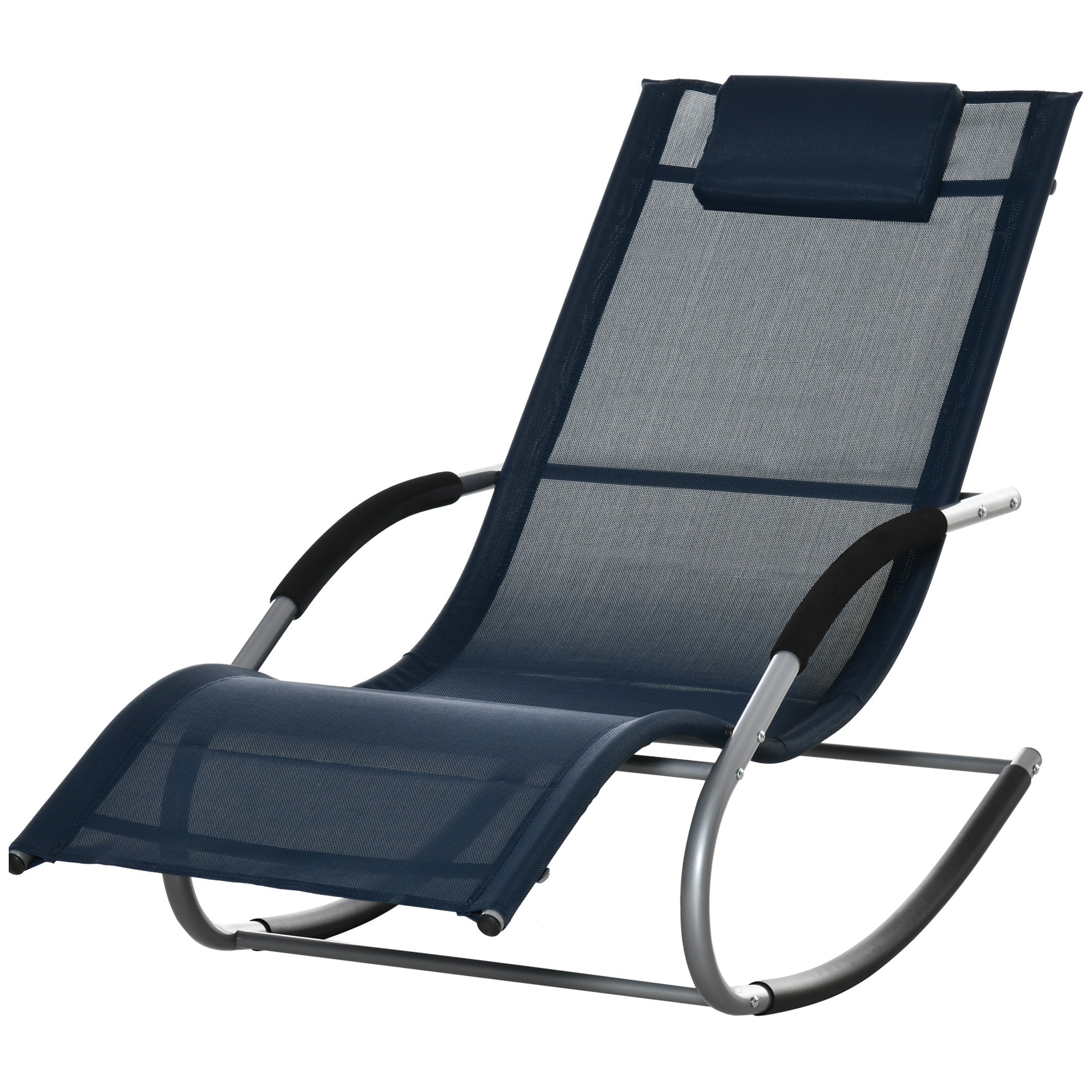 Outsunny Zero Gravity Rocking Chair Outdoor Chaise Lounge Chair Recliner Rocker with Detachable Pillow and Durable Weather-Fighting Fabric for Patio, Deck, Pool, Navy Blue