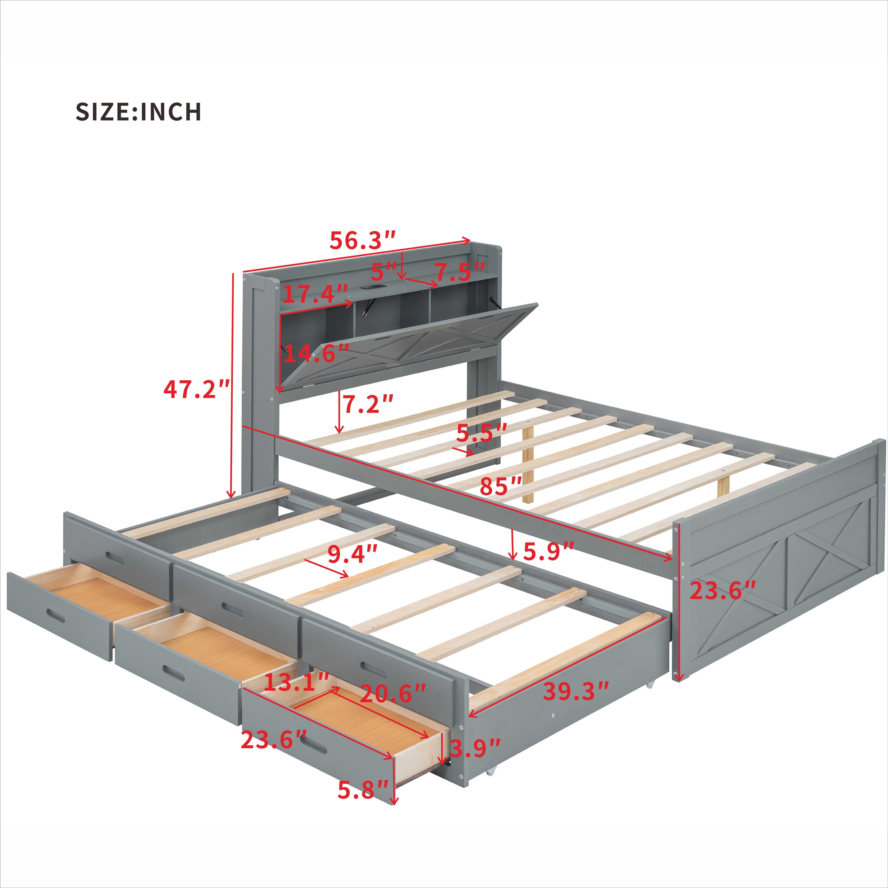 Full Size Wooden Bed with Storage Headboard with Outlets, Extendable Bed with Twin Size Trundle with Three Storage Drawers,Gray