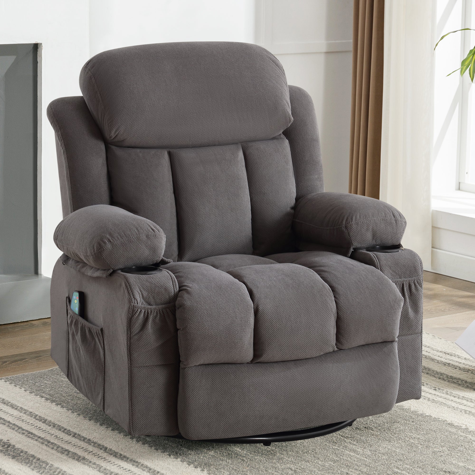 Swinging recliner massage heated sofa, with USB and 2 cup holders in side pockets, PackageA+B (GREY )