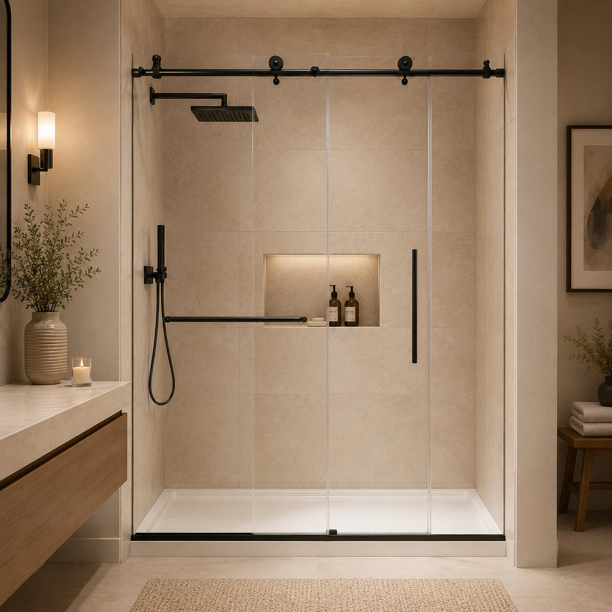 56-60 x 76 in Stainless Rail Frameless Sliding Shower Door - 56-60 x 76 in / Matte Black / Round Rail view 2