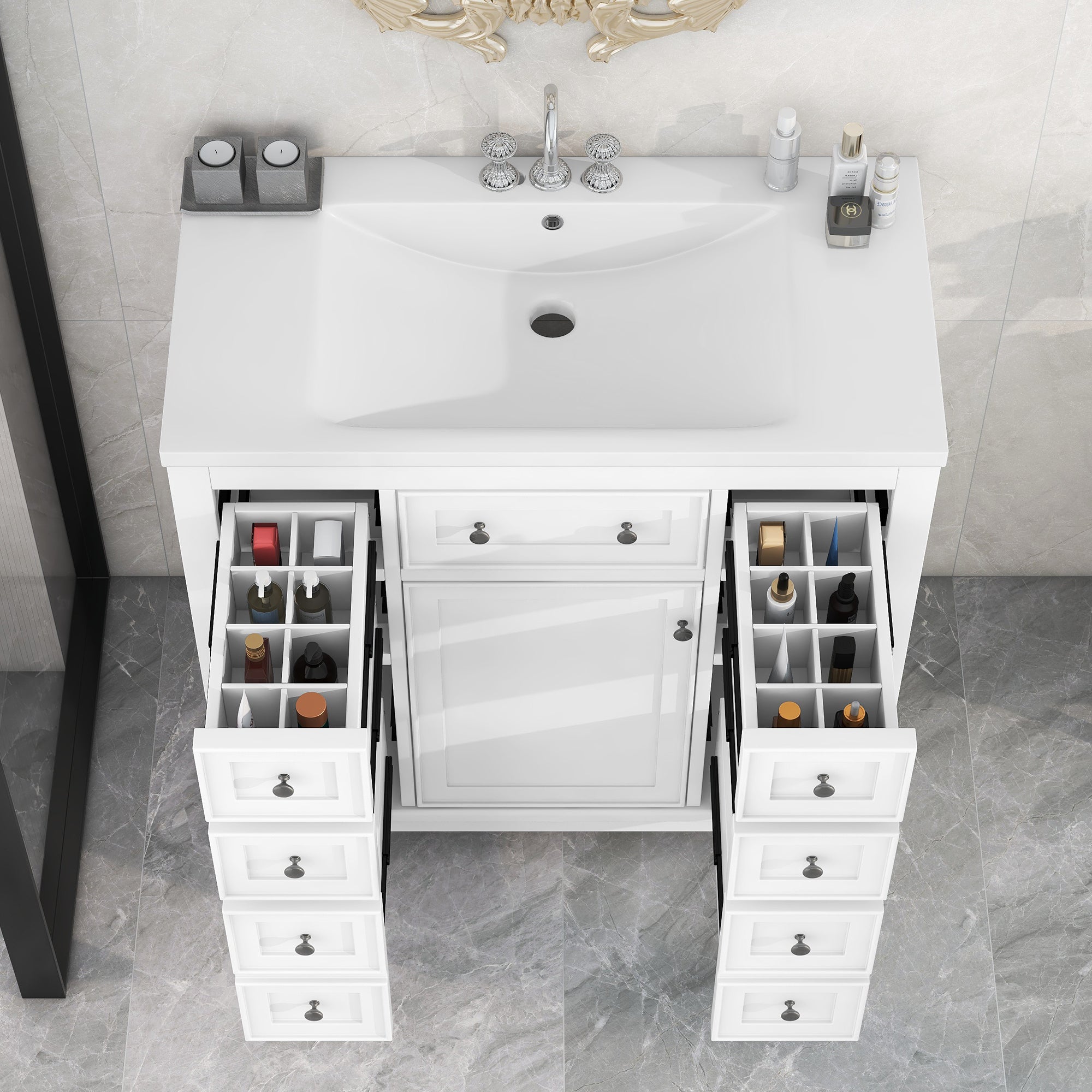 36" Bathroom Vanity with Sink Combo, One Cabinet and Six Drawers, Solid Wood and MDF Board, White