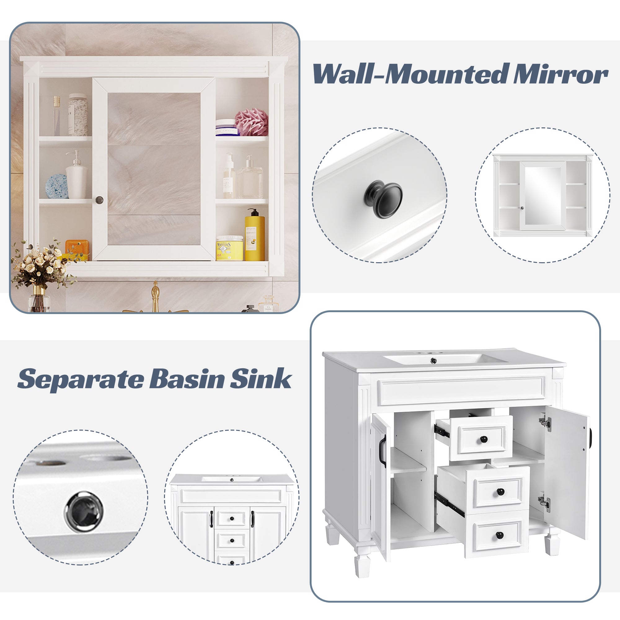 36 inch modern bathroom vanity with mirror cabinet, side profile view