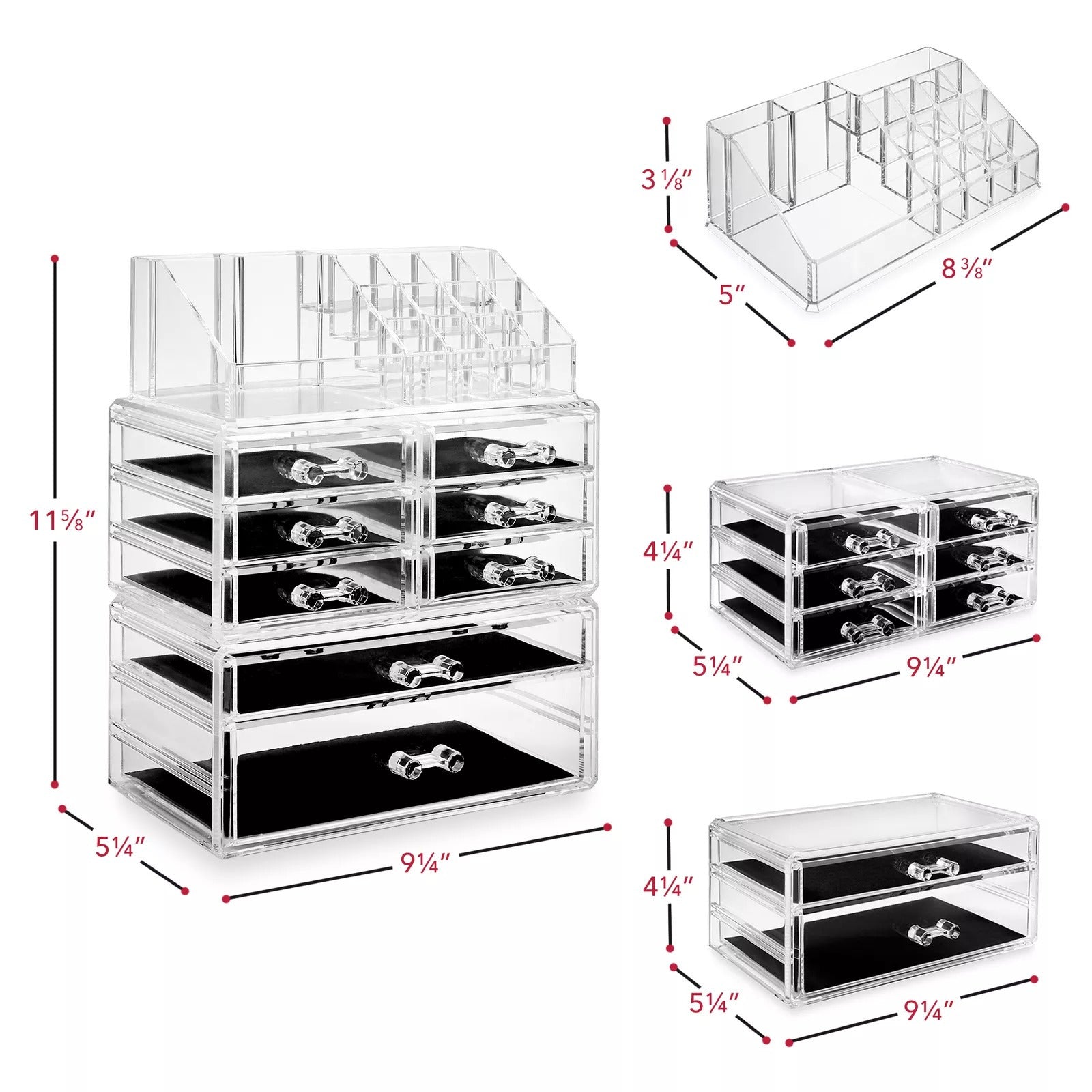 3 Pcs Acrylic Cosmetic Makeup Organizer & Jewelry Drawer Storage Display Case