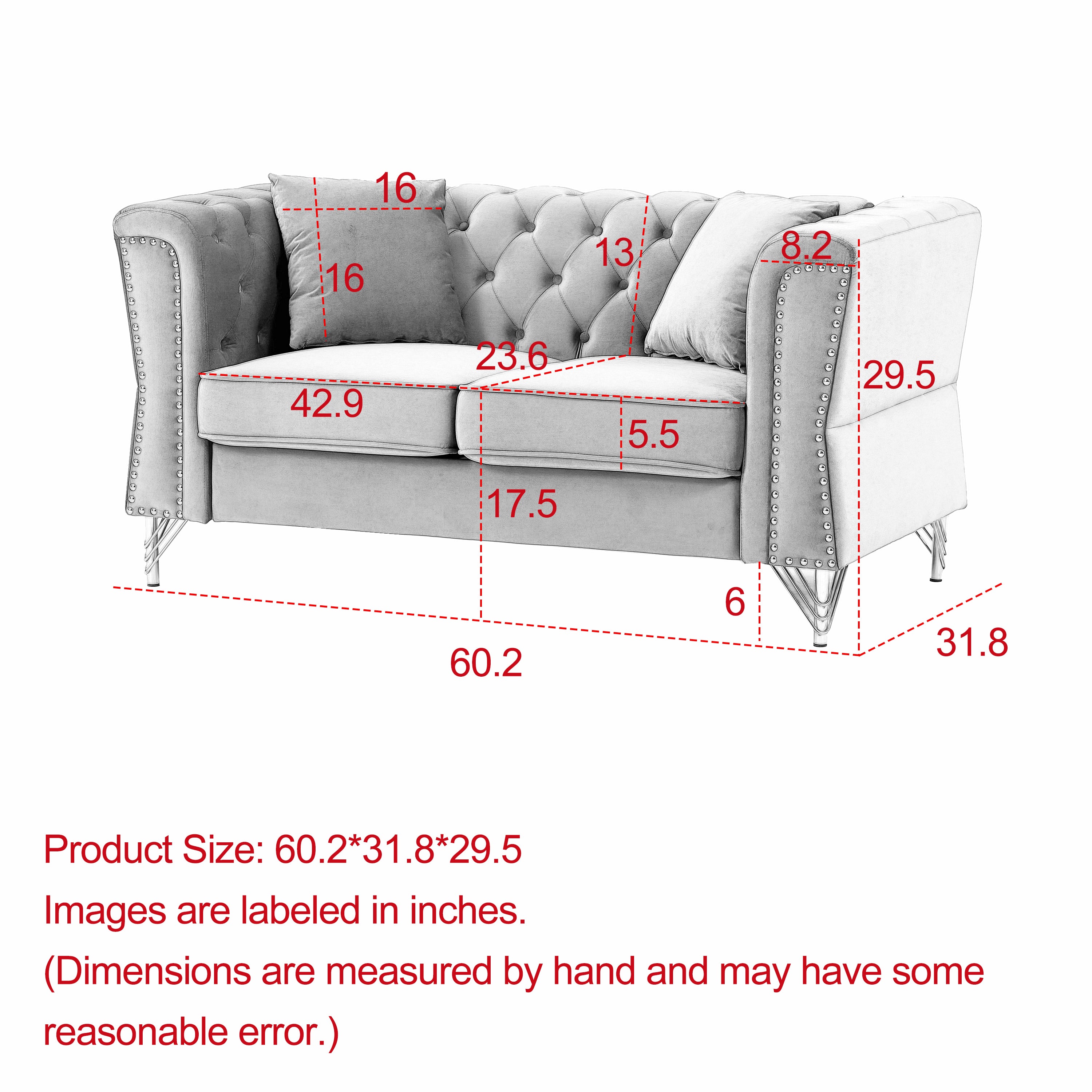 60.2" Chesterfield Sofa Beige Velvet for Living Room, 2 Seater Sofa Tufted Couch with Metal Foot and Nailhead for Living Room, Bedroom, Office, Apartment, two pillows