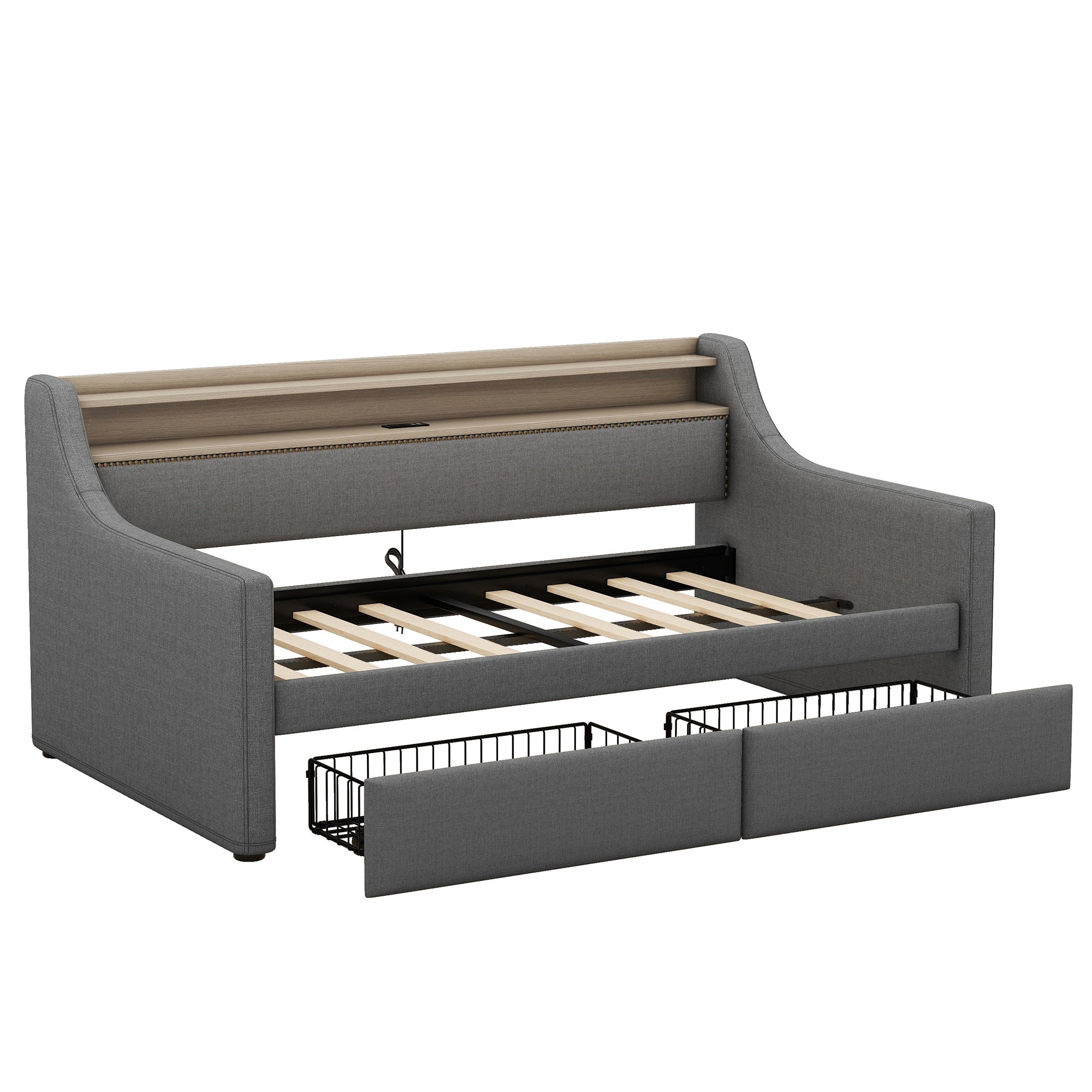 Twin Size Daybed with Storage Drawers, Upholstered Daybed with Charging Station and LED Lights, Gray(Old Item W1580S00023)