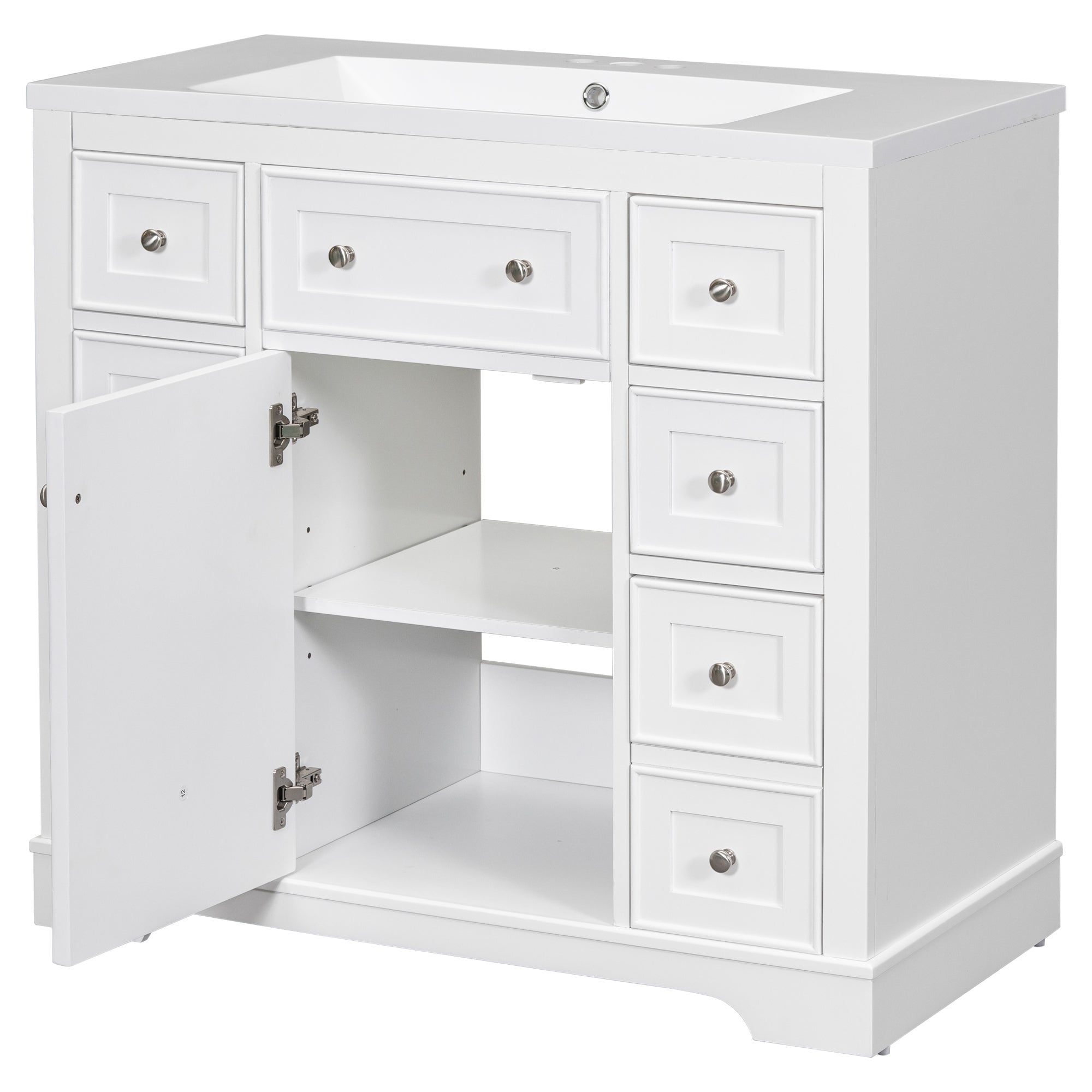 36" Bathroom Vanity with Sink Combo, One Cabinet and Six Drawers, Solid Wood and MDF Board, White