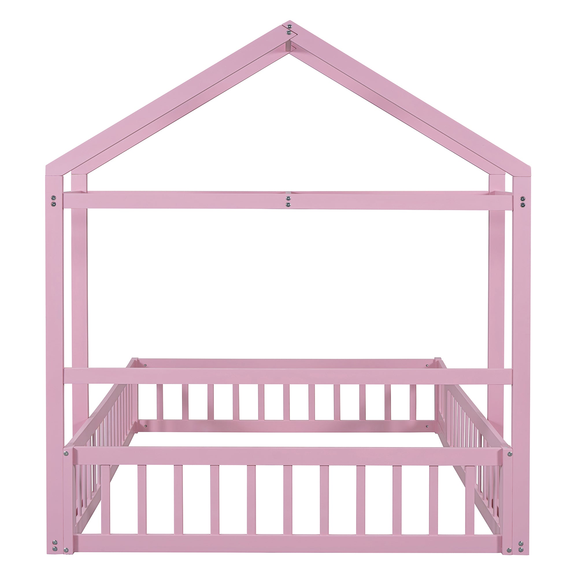 Wooden Floor Bed with Fence Railings and Detachable House Shape Headboard,Full Size Bed with Kids Dress Up Rack, Kids Montessori Style Playhouse Frame for Girls Boys, Pink