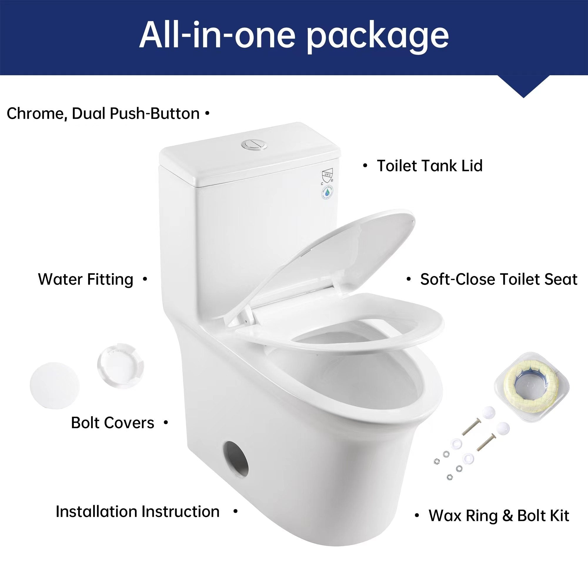 1.1/1.6 GPF Elongated Comfort Height Super Quite Flushing Floor Mounted One-Piece Toilet, CUPC Certified, WaterSense Cetified, Ceramic, White Color, Soft Close Seat