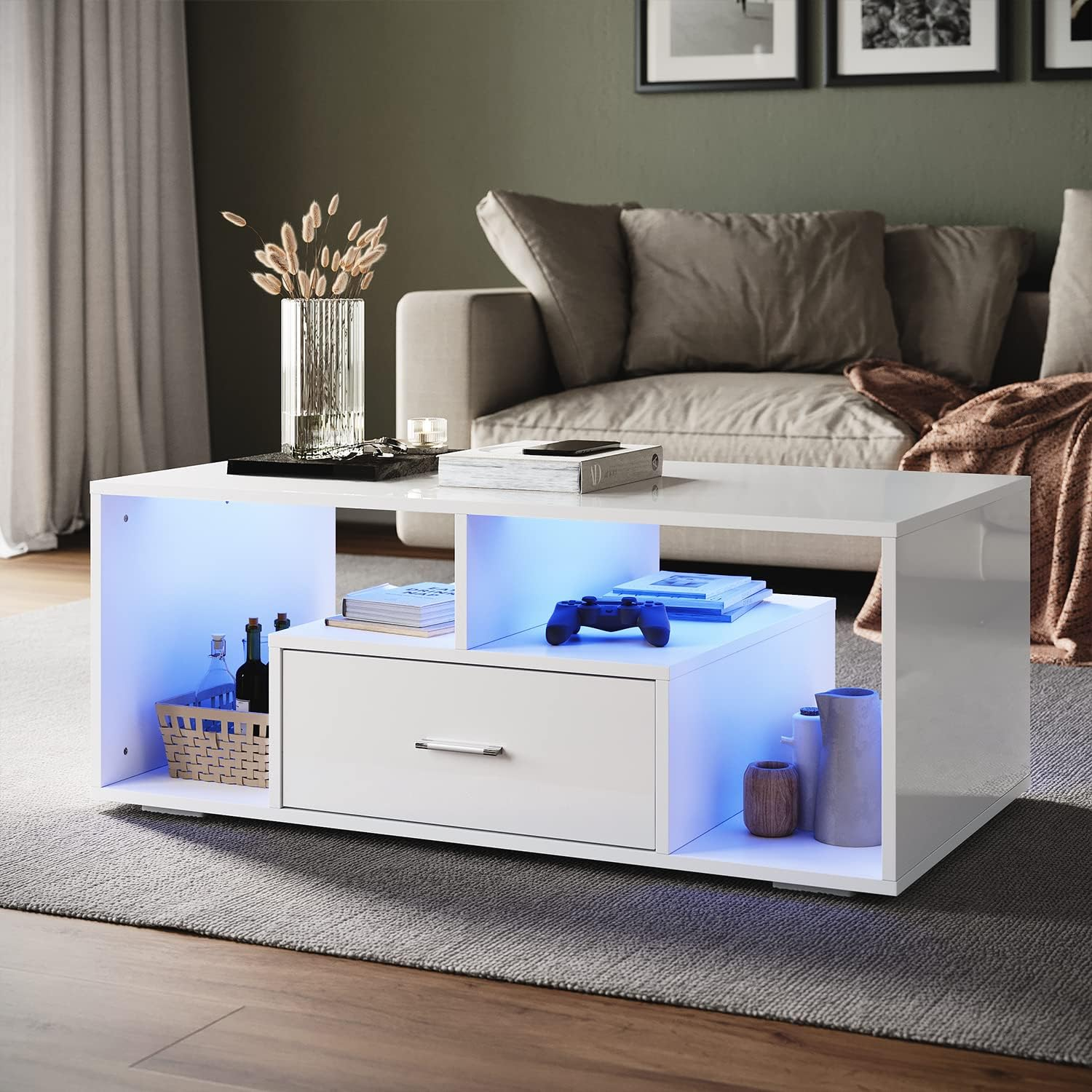 DFW Coffee Table with Storage Compartment Drawers and LED Adjustable Lights Available in 16 Colours Sofa Table Side Table White