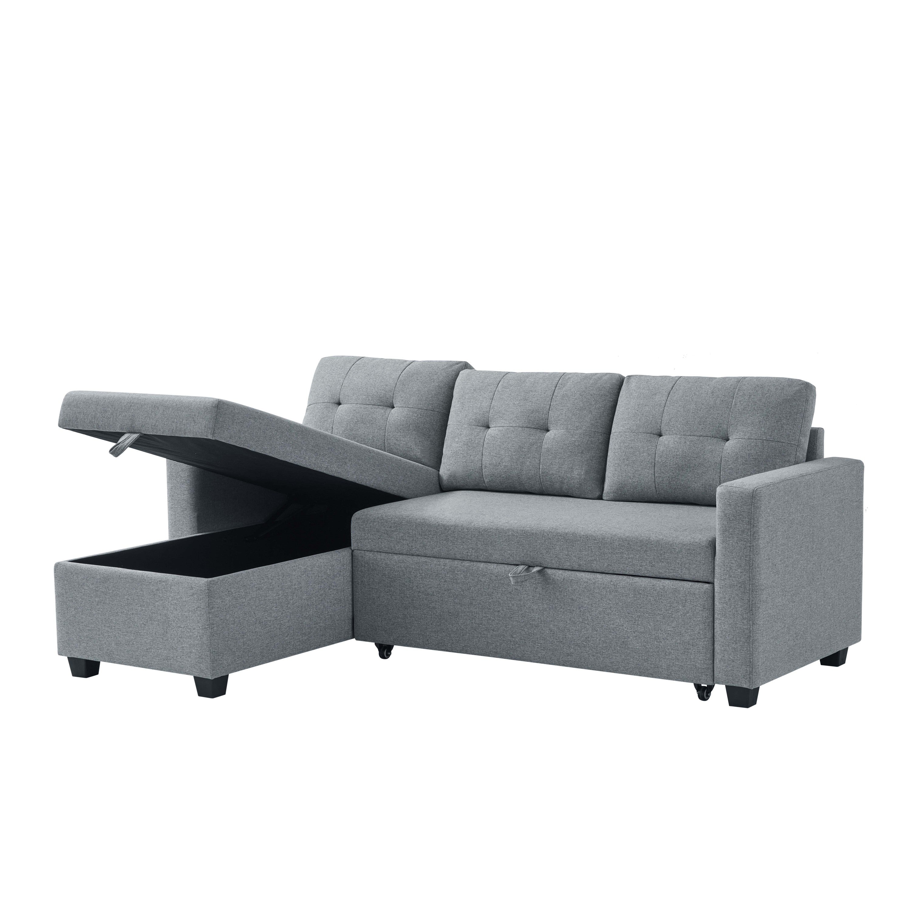 Upholstered Pull Out Sectional Sofa with Storage Chaise, Convertible Corner Couch, Light Grey