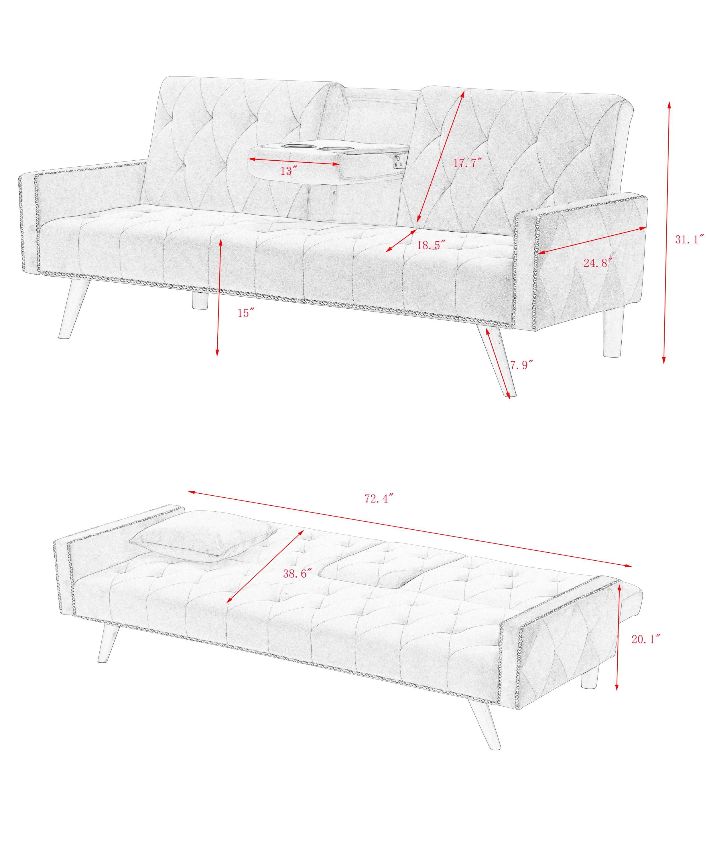 1730 Sofa Bed Armrest with Nail Head Trim with Two Cup Holders 72" Pink Velvet Sofa for Small Spaces