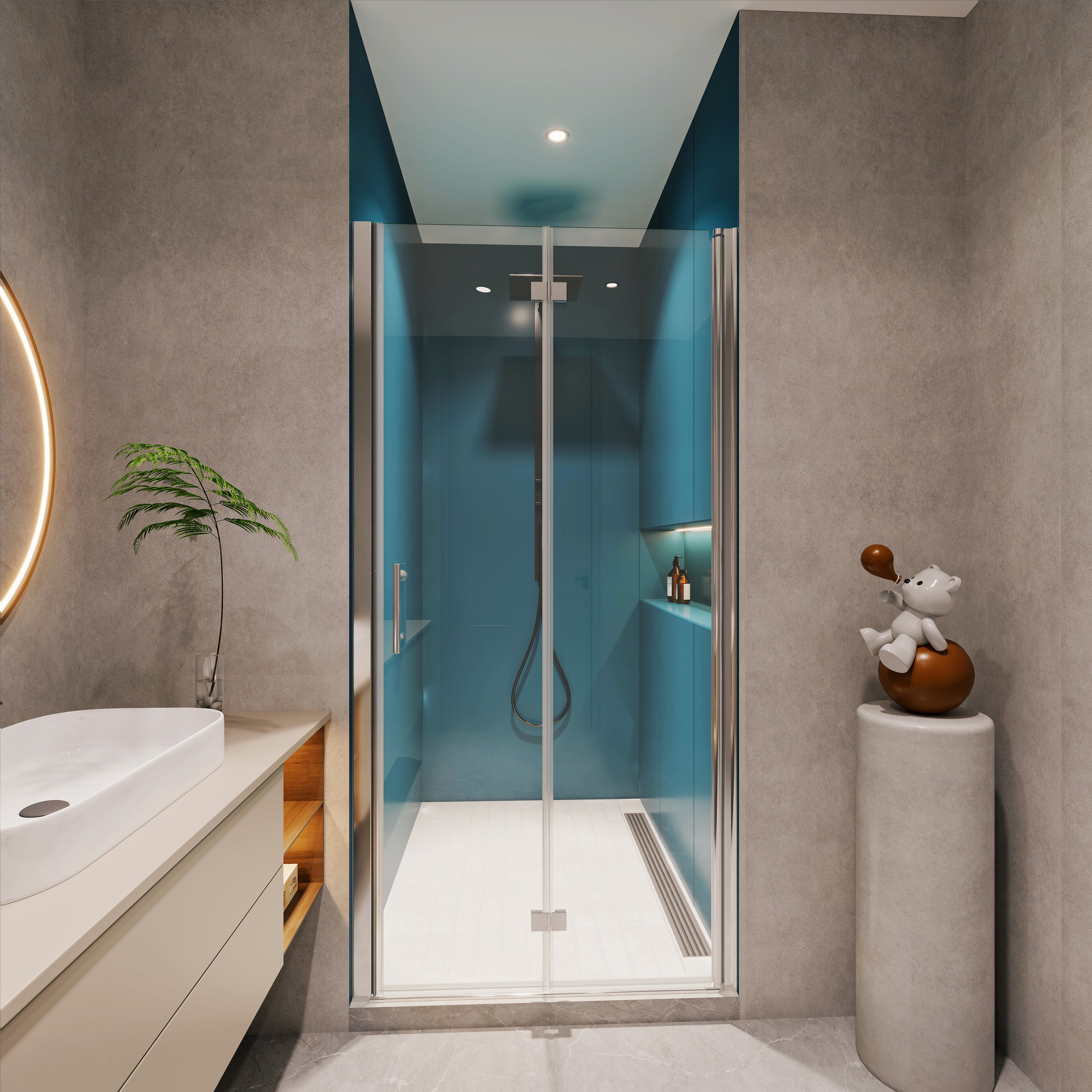 30-31 x 72 in chrome pivot shower door installed view