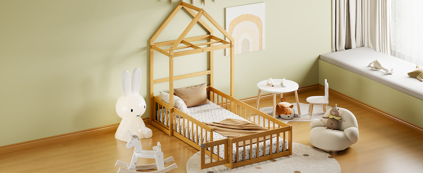 Wooden Floor Bed with Fence Railings and Detachable House Shape Headboard, Twin Size Bed with Kids Dress Up Rack, Kids Montessori Style Playhouse Frame for Girls Boys, Natural