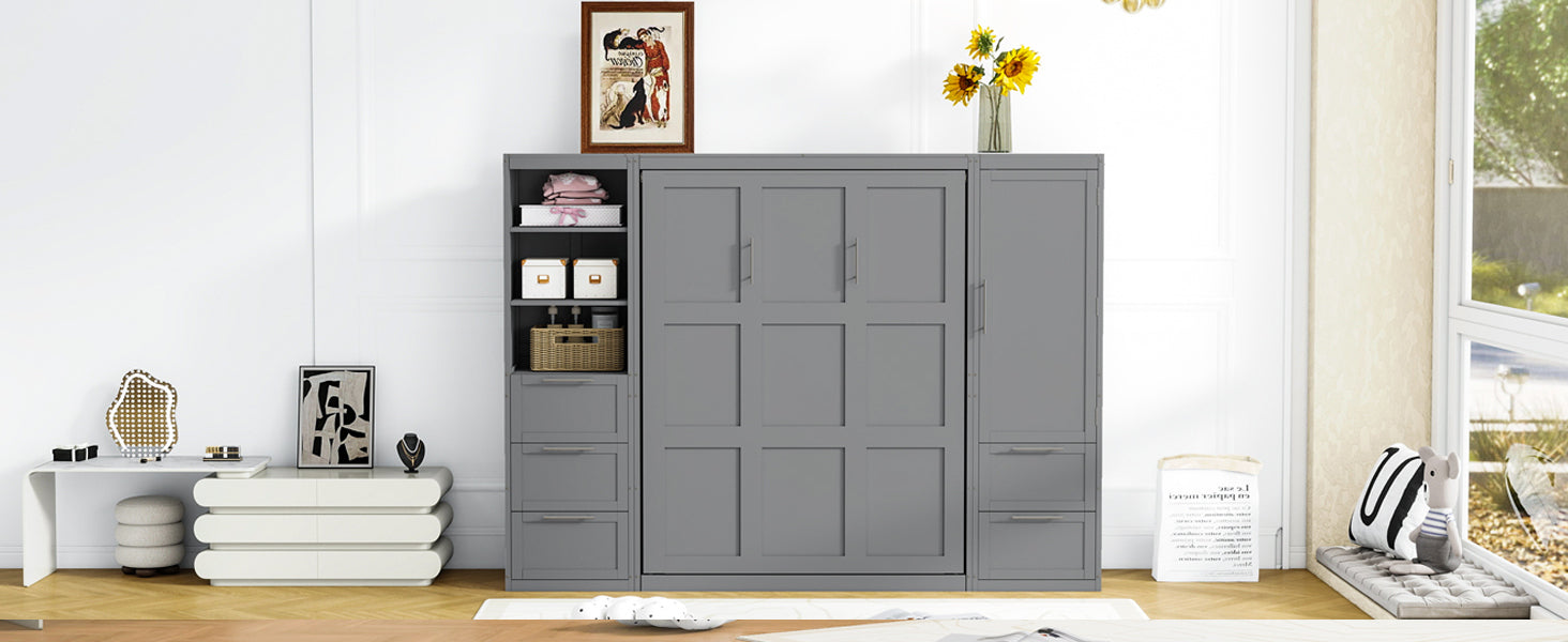 Queen Size Murphy Bed Wall Bed with Closet ,Drawers and Shelves,Gray