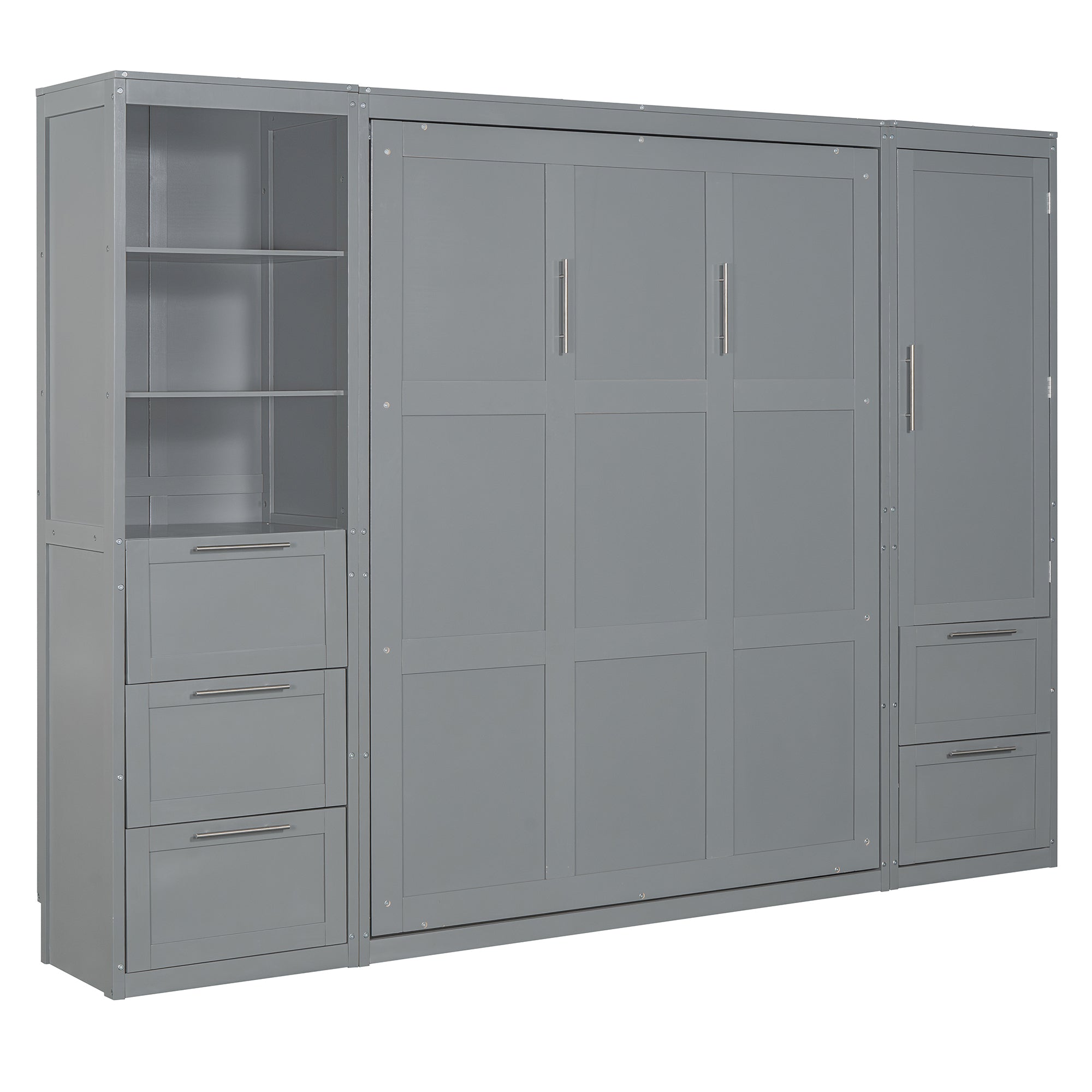 Queen Size Murphy Bed Wall Bed with Closet ,Drawers and Shelves,Gray