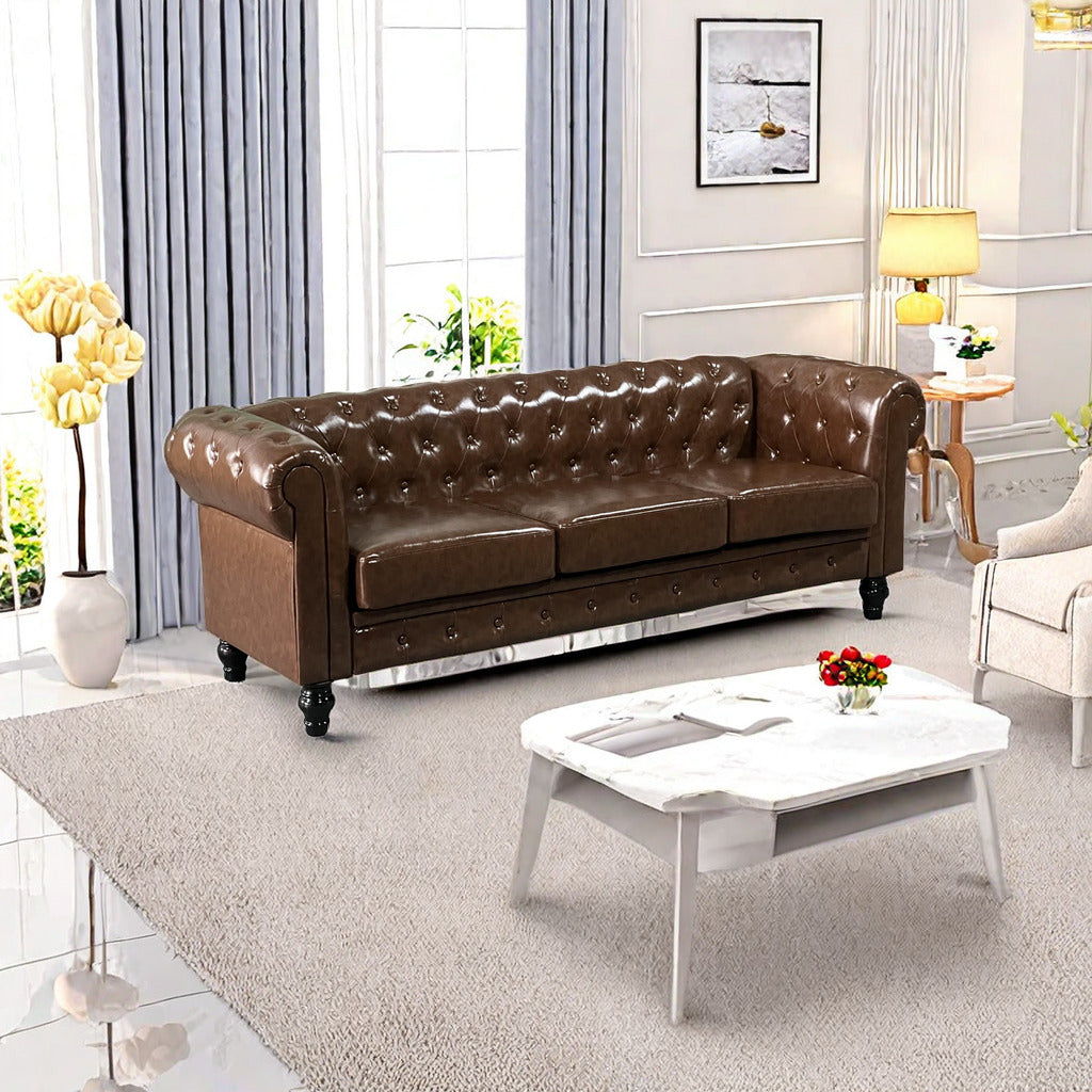 FX-P80P-PU3(SOFA) 3-seat Living Room Upholstered Sofa Modern Sofa Couches Set Style Button Tufted, PU Chesterfield Sofa for Living Room Apartment