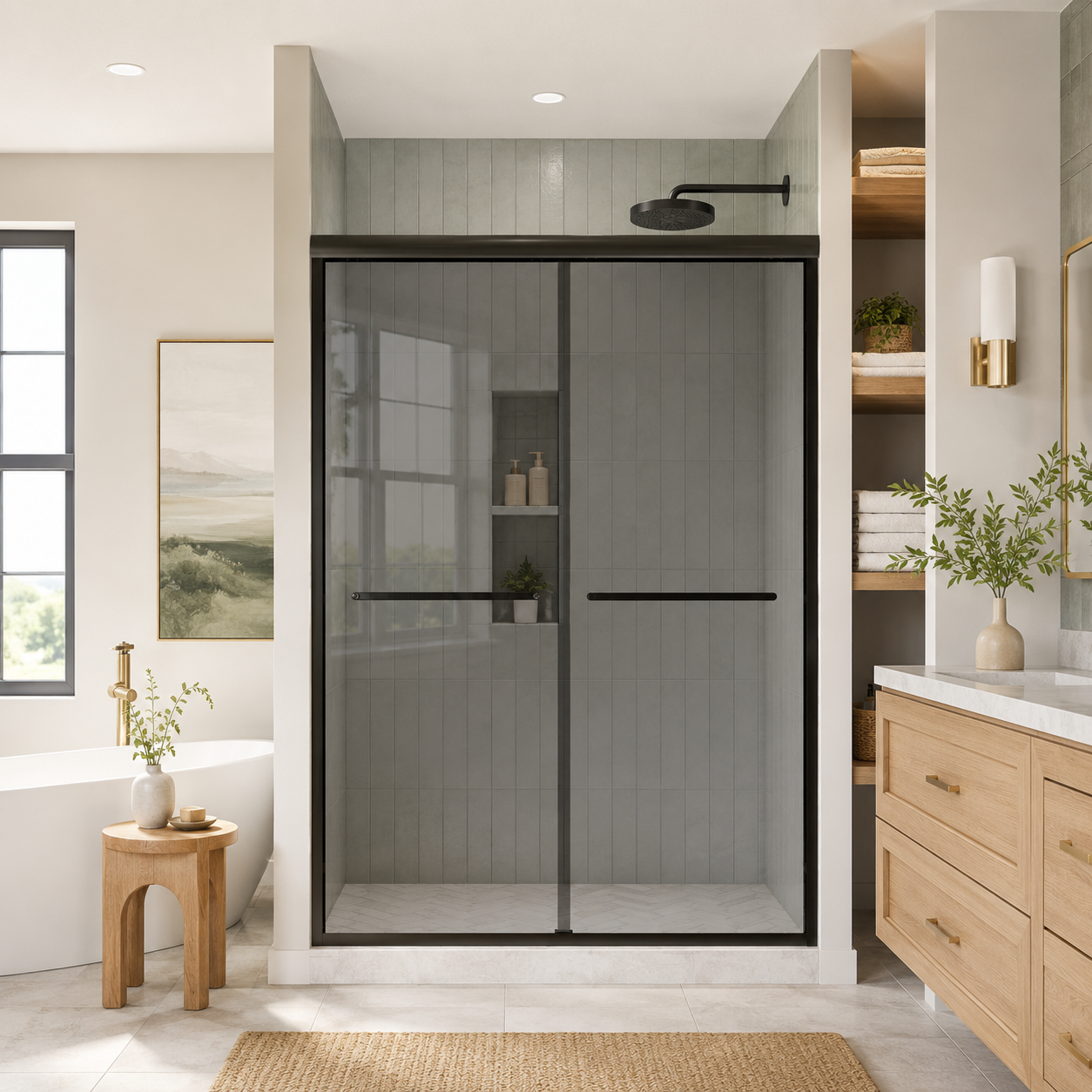 44-60 x 70-76 in Framed Double Sliding Shower Door - 44-48 x 74 in / Gray Glass / Matte Black view 1