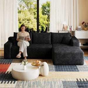 Black corduroy U-shaped sectional sofa 95 inch cloud, full front view