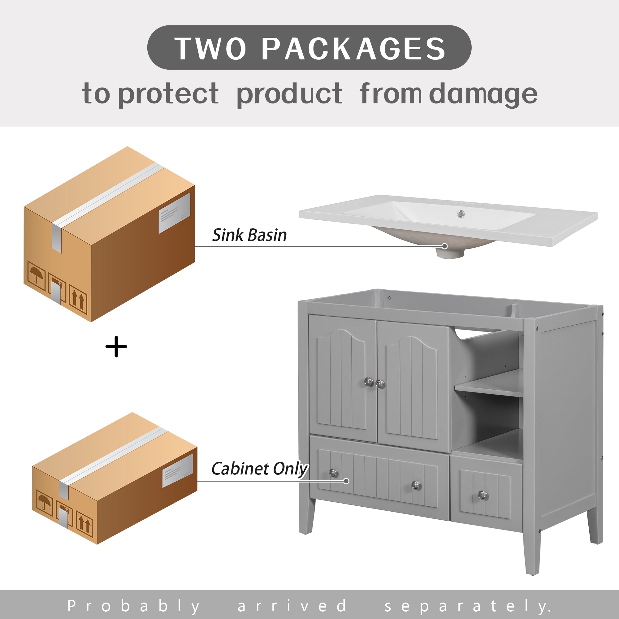 [VIDEO] 36" Bathroom Vanity with Ceramic Basin, Bathroom Storage Cabinet with Two Doors and Drawers, Solid Frame, Metal Handles, Grey (OLD SKU: JL000003AAE)