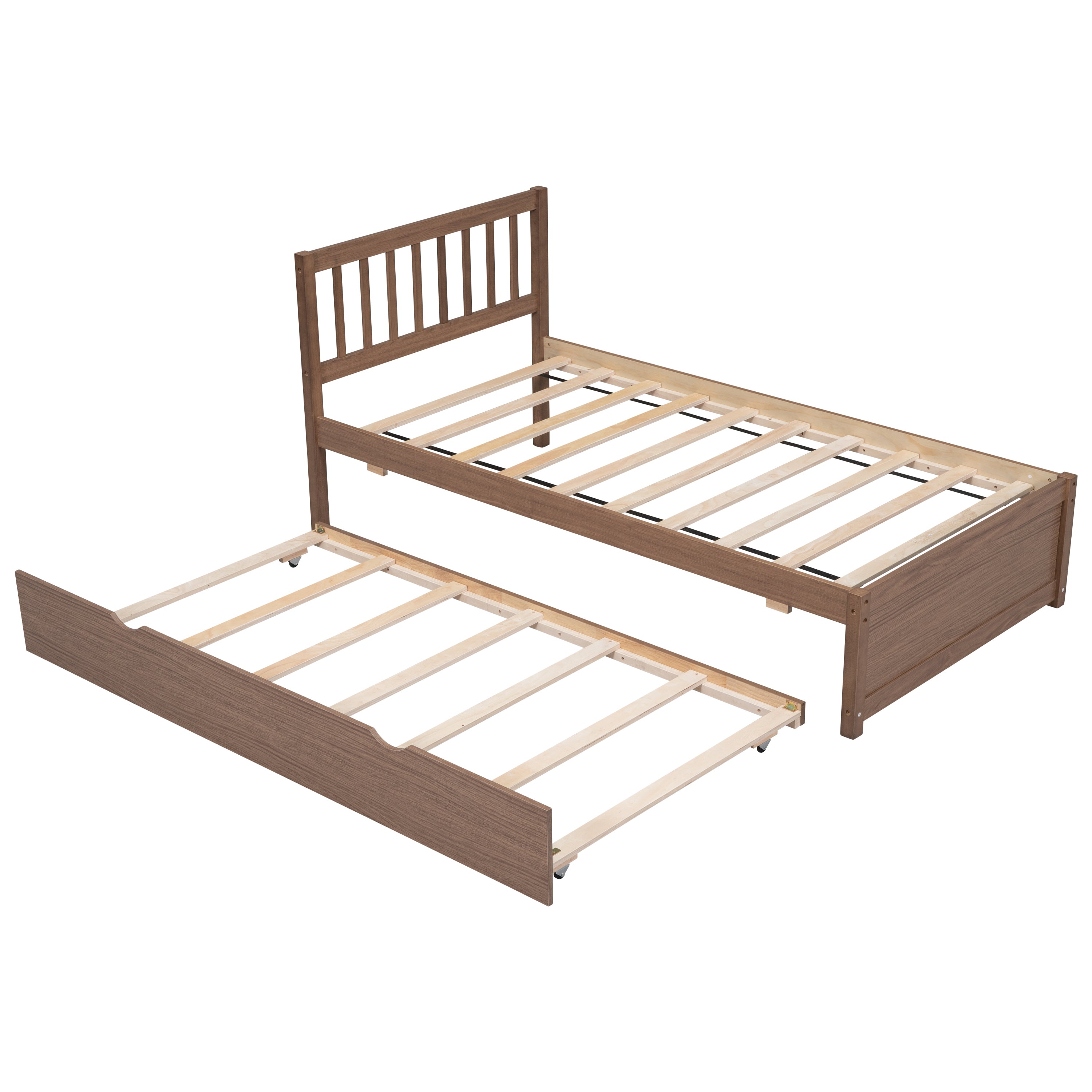 Modern Design Wooden Twin Size Platform Bed Frame with Trundle for Walnut Color