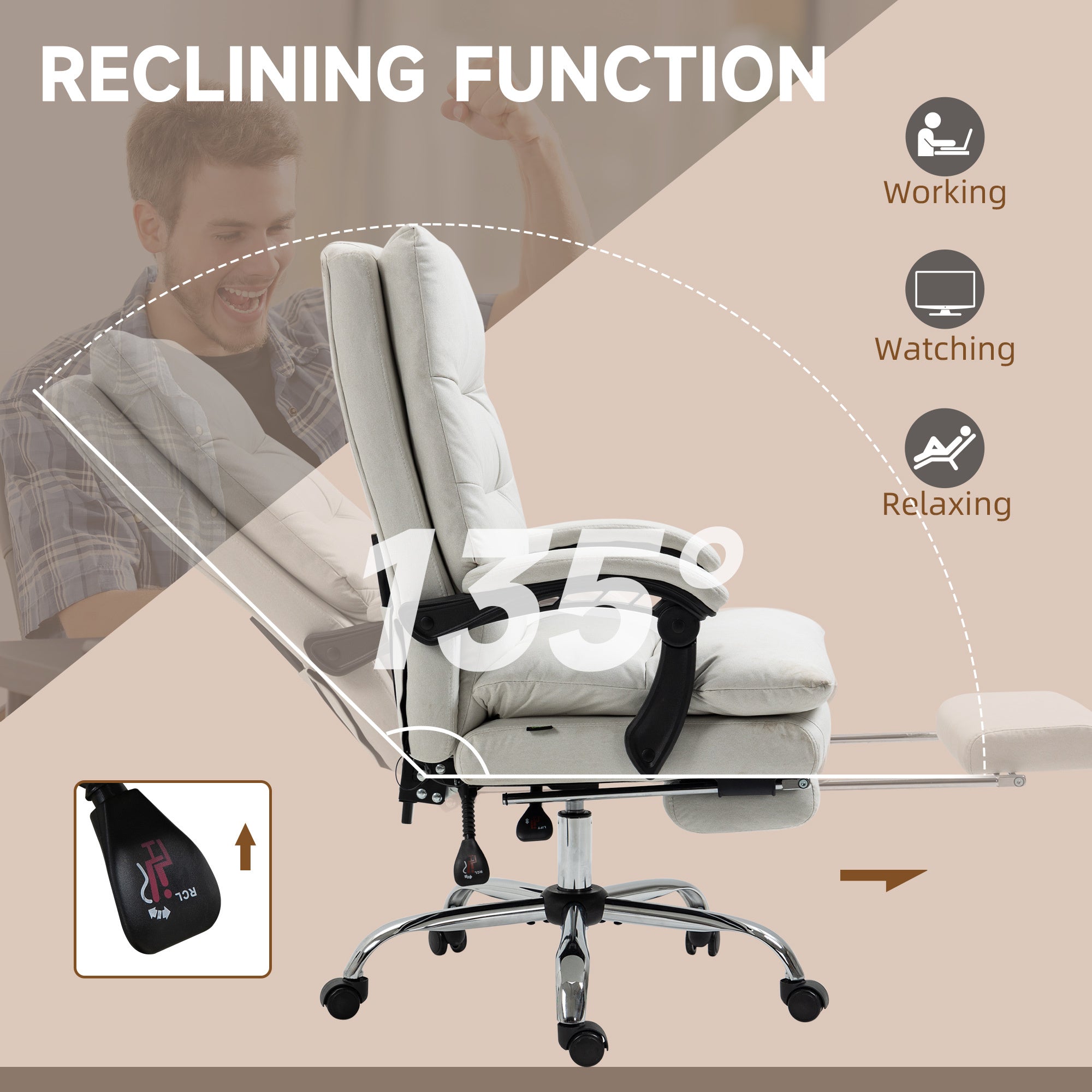 Vinsetto Microfibre Executive Massage Office Chair,  Computer Desk Chair, Heated Reclining Chair with Footrest, Double-tier Padding, Swivel Wheels, Cream White