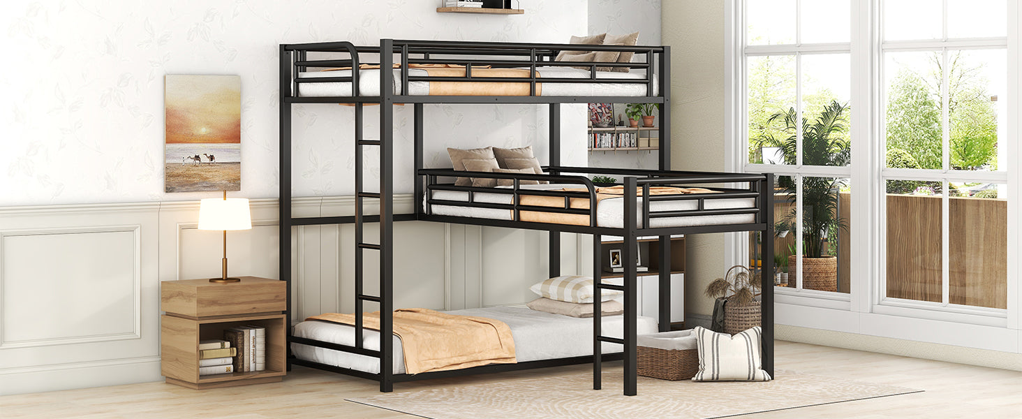 L-shaped Metal Triple Twin Size Bunk Bed, Black(OLD SKU:SM000605AAB)