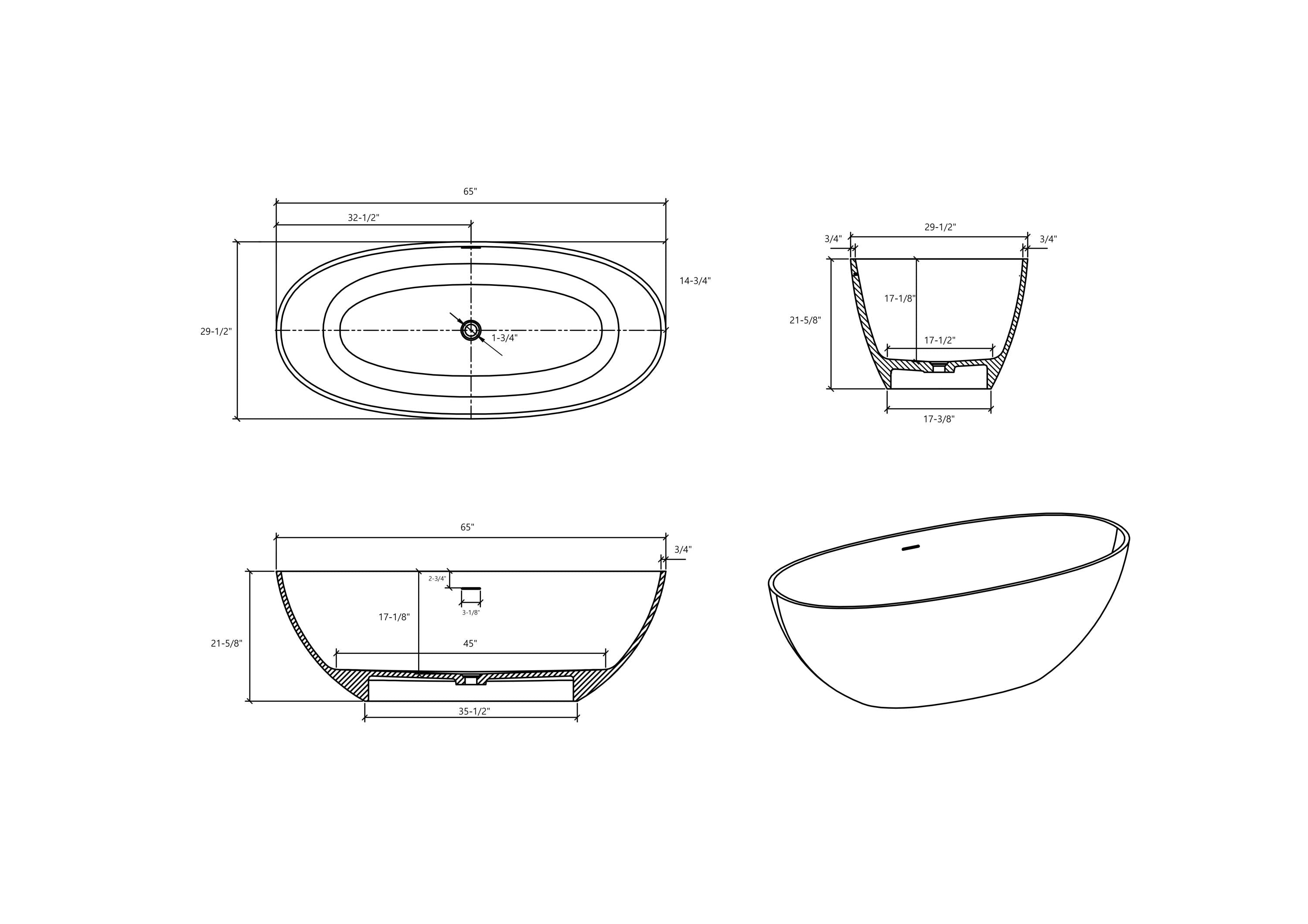 65" Freestanding Solid Surface Bathtub, Luxury Handcrafted Stone Resin Freestanding Soaking Bathtub with Overflow and Pop-up Drain, Matte White 24S06-65MW