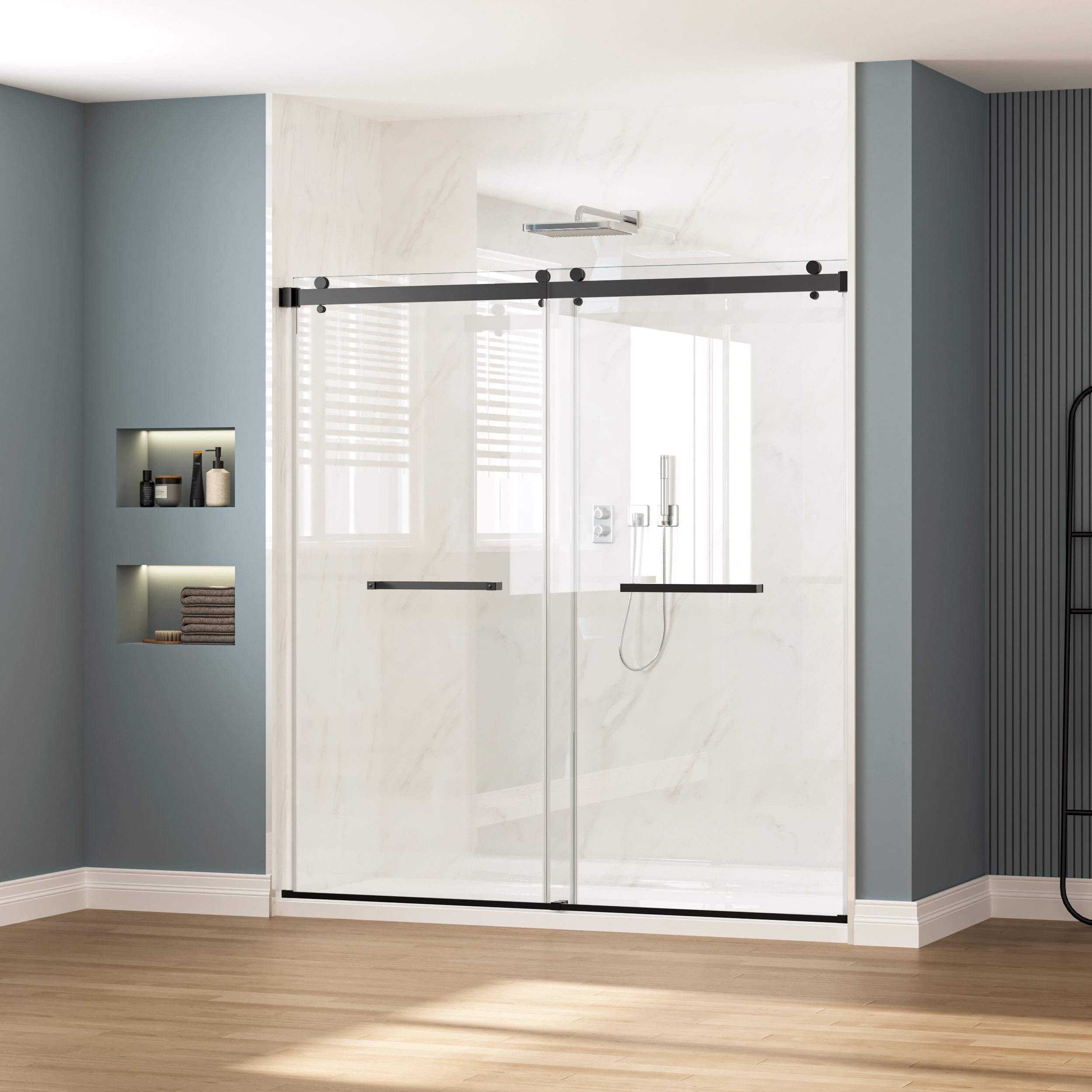 68-72" W x 77"H Sliding Frameless Soft-Close Shower Door with Premium 3/8 Inch (10mm) Thick Tampered Glass in Matte Black 03A42-7276