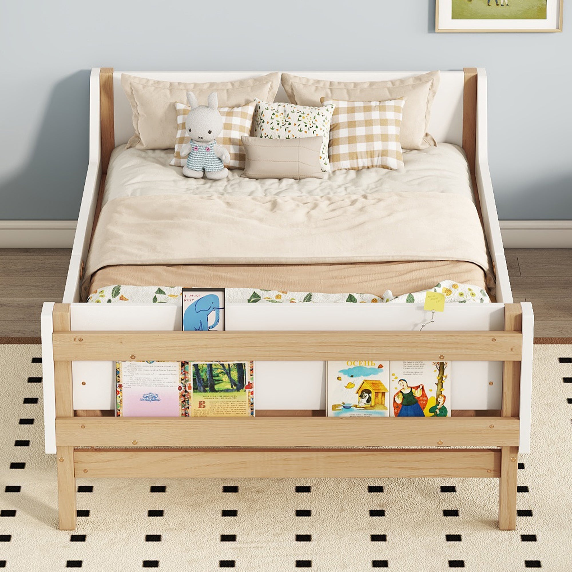 Twin Bed with Headboard, Footboard, Safeguards,  Built-in Bed-end Book Storage Rack ,White