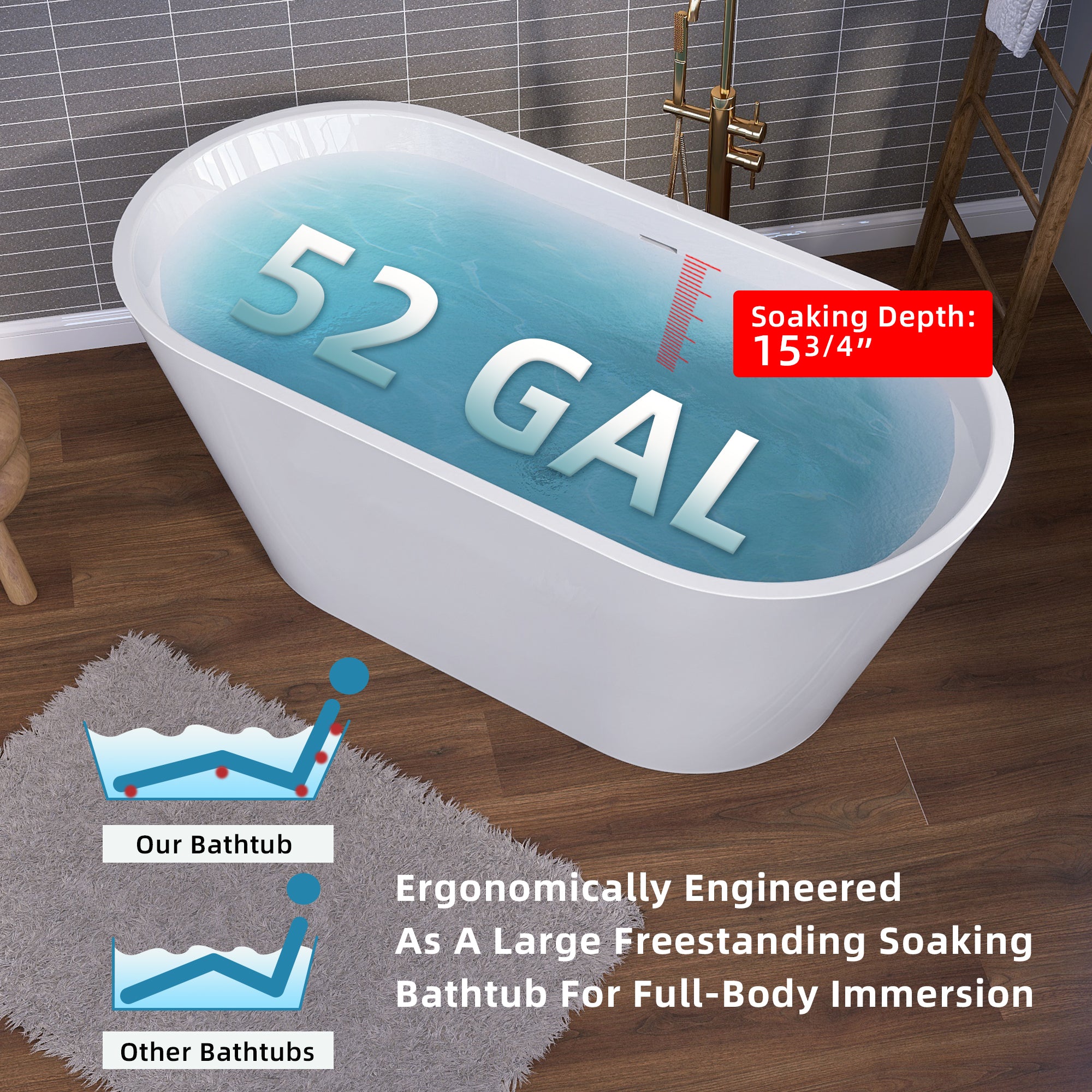 51" Acrylic Freestanding Bathtub Contemporary Soaking White Tub with Overflow and Pop-up Drain Gloss White