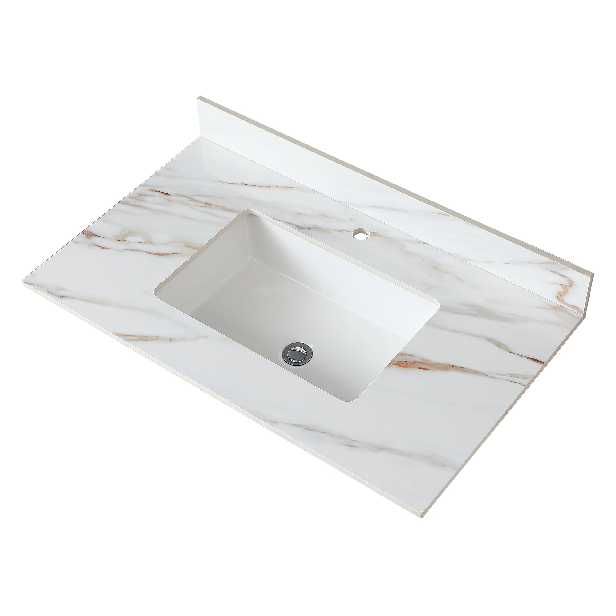 37 Inch Marble Vanity Top, Bathroom Vanity Top with Undermount Rectangular Middle Sink and 4" Height Backsplash, Pre-Drilled  Faucet Hole  Vanity Top, Carrara white with veins